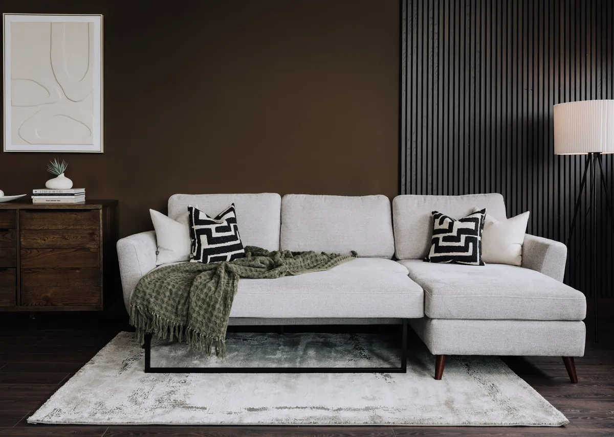 3 Seater Stone Fabric LAF Chaise Sofa Bed - Sasha