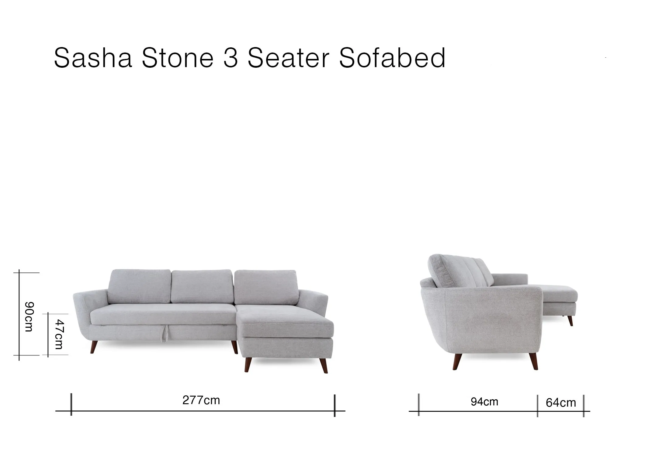 A dimension image of the LAF Sasha sofabed with 277cm x 90cm x 158cm