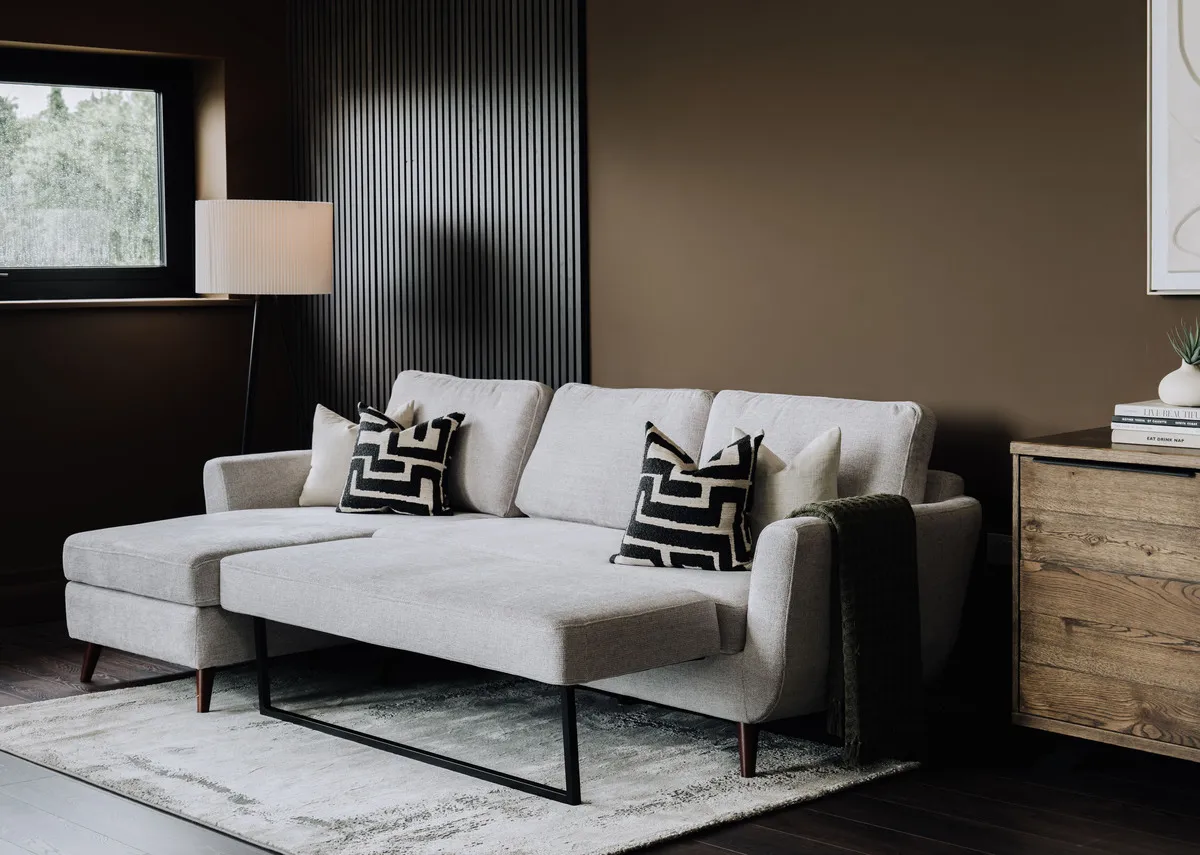 3 Seater Stone Fabric RAF Chaise Sofa Bed - Sasha