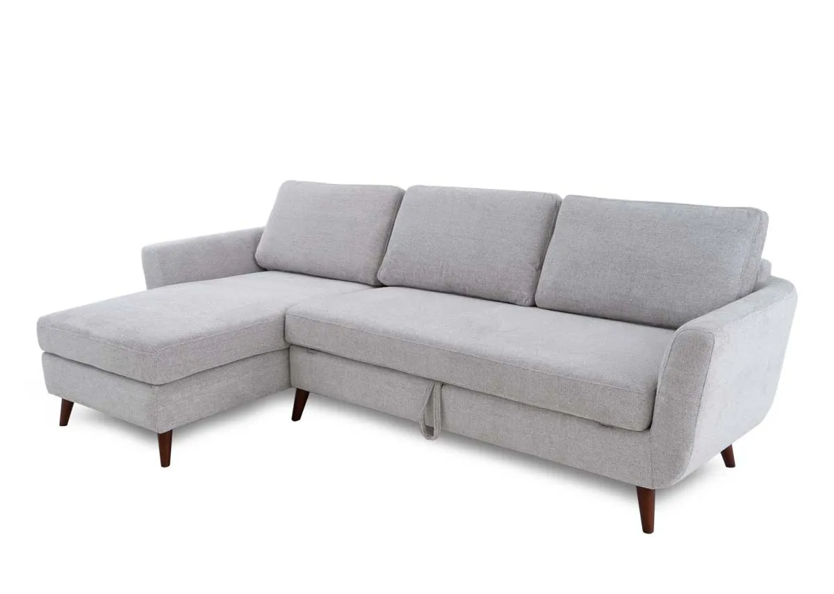 A grey fabric 3 seater sofa chaise from EZ Livings Sasha range. Angled view of sofa with foam seats and chaise on left