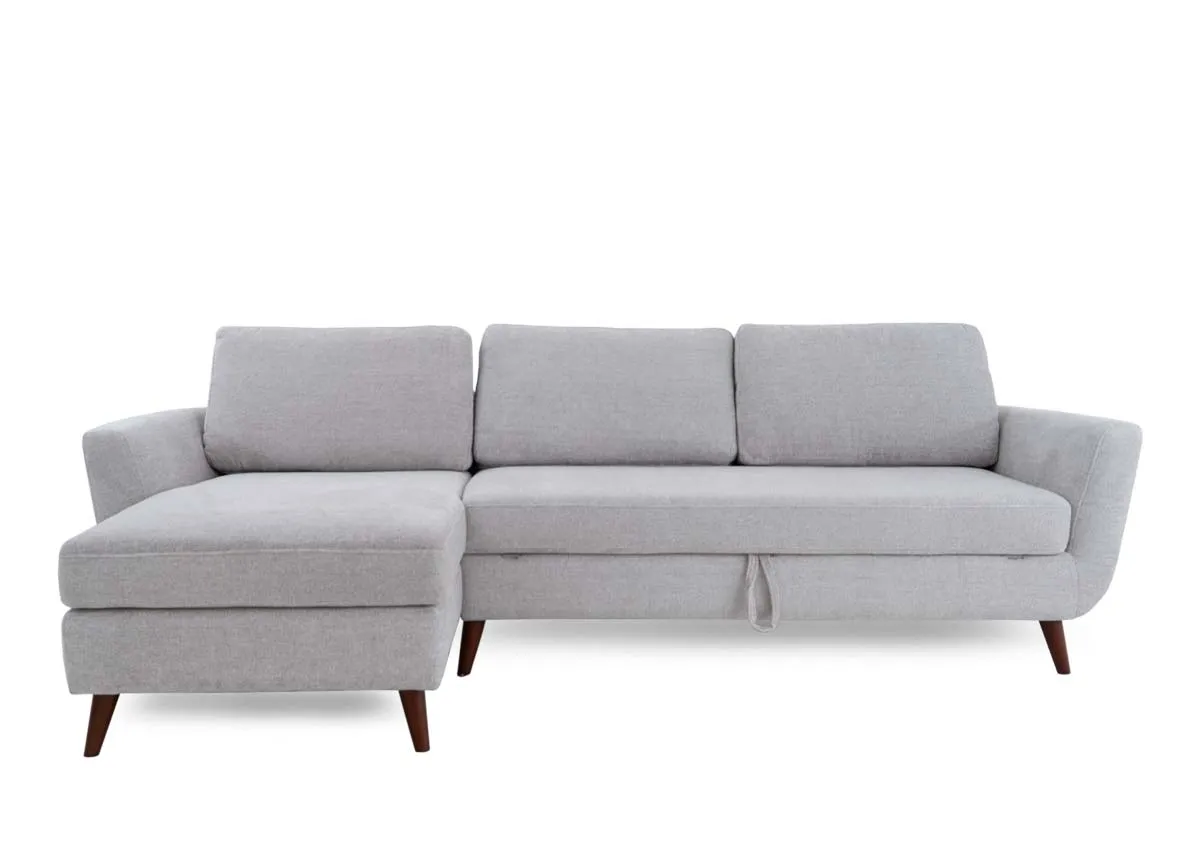 A grey fabric 3 seater sofa chaise from EZ Livings Sasha range. Angled view of chaise with extension pulled into bed