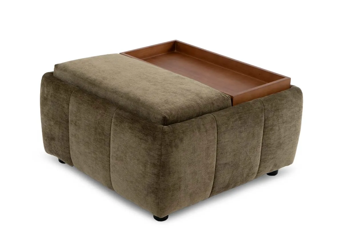 A green seamed fabric footstool with half cushion half tray top from EZ Livings Toscana rannge.