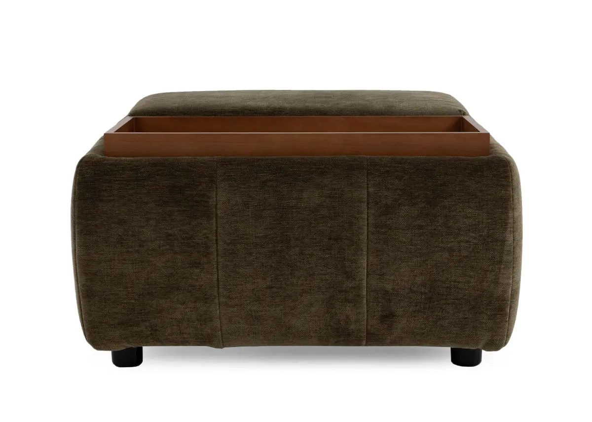 A green seamed fabric footstool with half cushion half tray top from EZ Livings Toscana rannge.Front view shows detail
