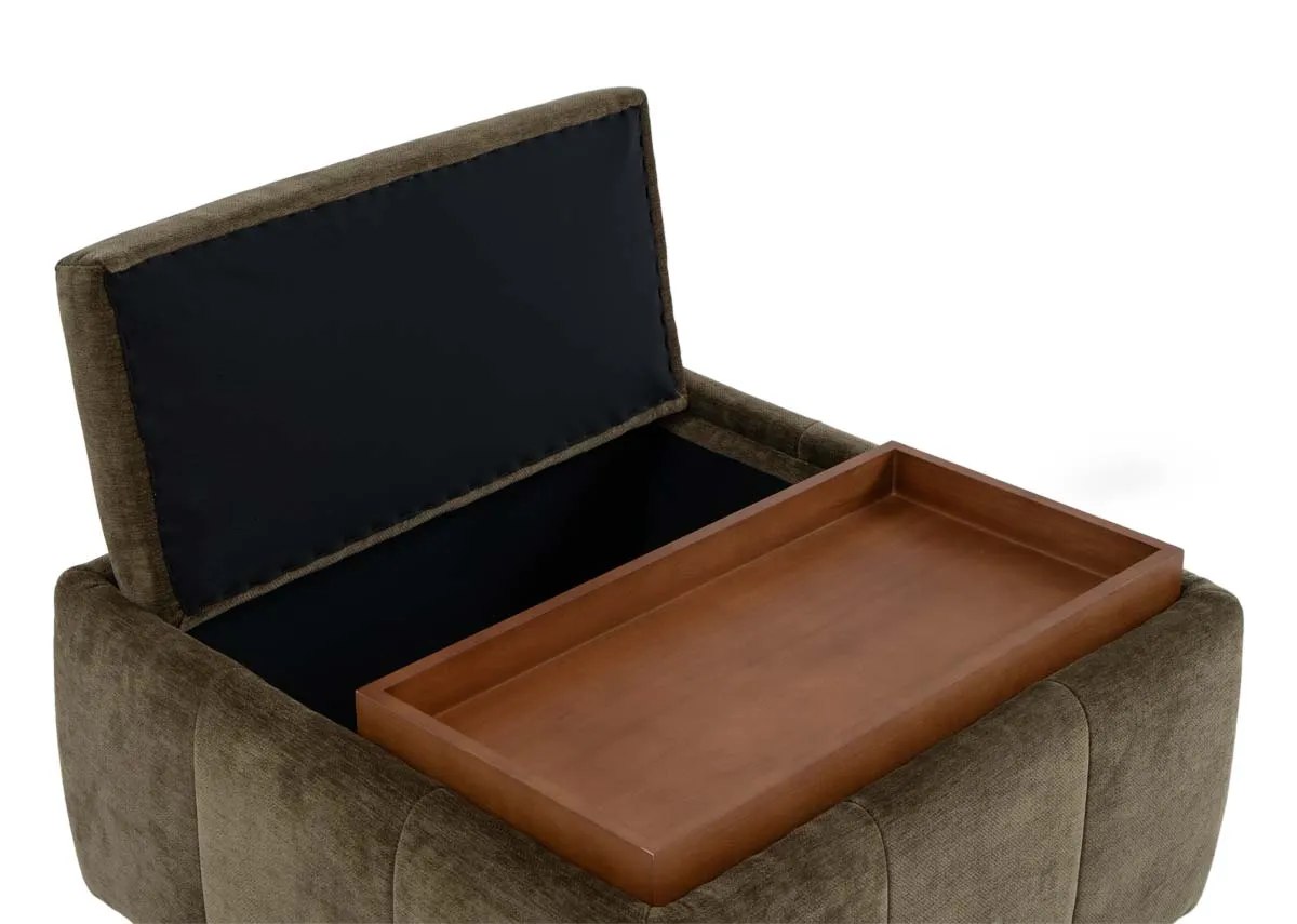 A green seamed fabric footstool with half cushion half tray top from EZ Livings Toscana rannge. Fabric part lifted to show storage.