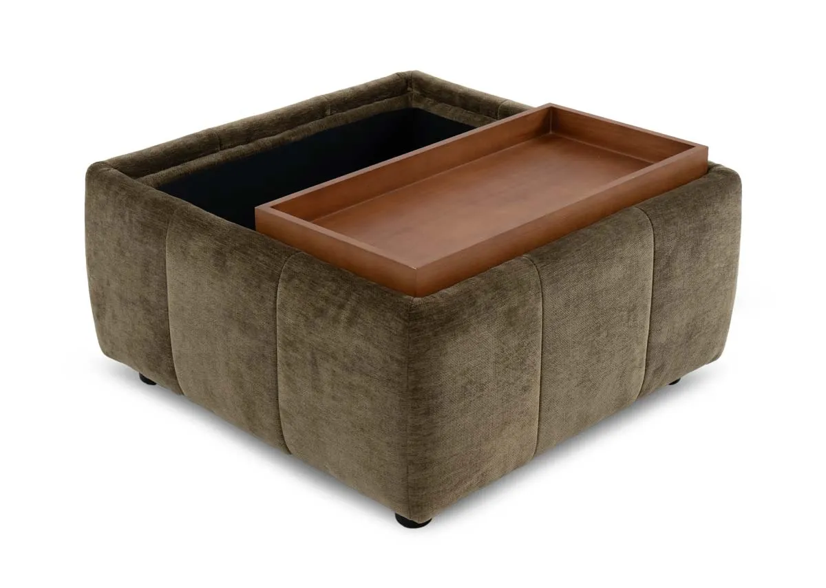 A green seamed fabric footstool with half cushion half tray top from EZ Livings Toscana rannge.Angled view of storage inside