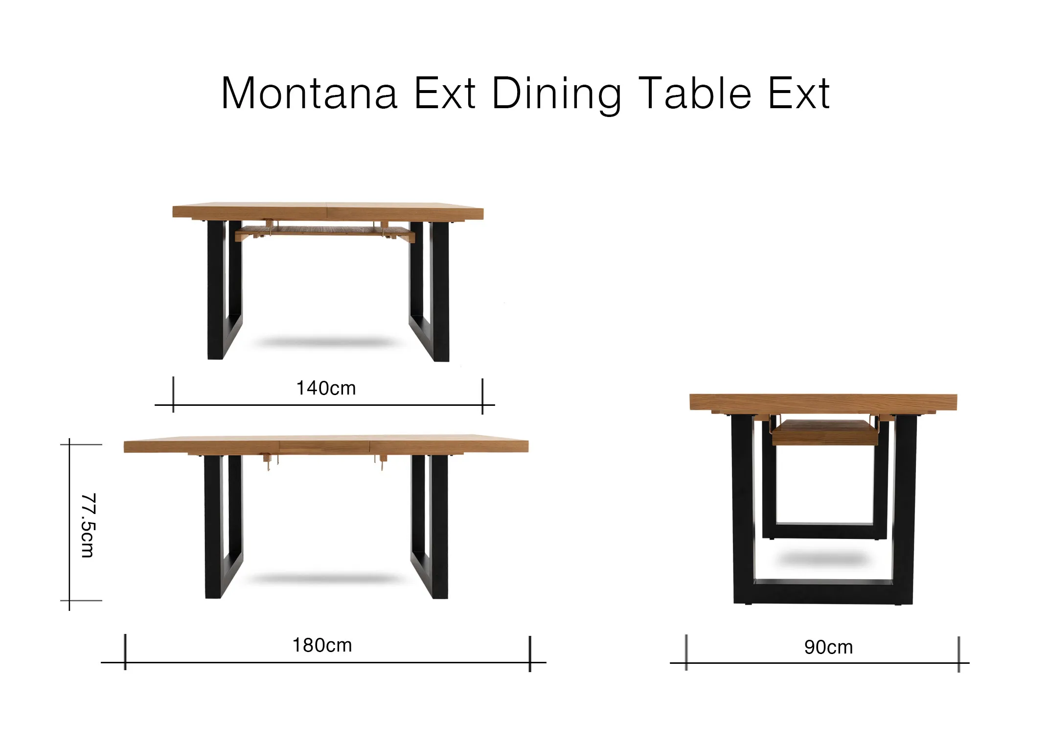 A dimension image of the Montana Dining table with 140-180cm x 77.5cm x 90cm