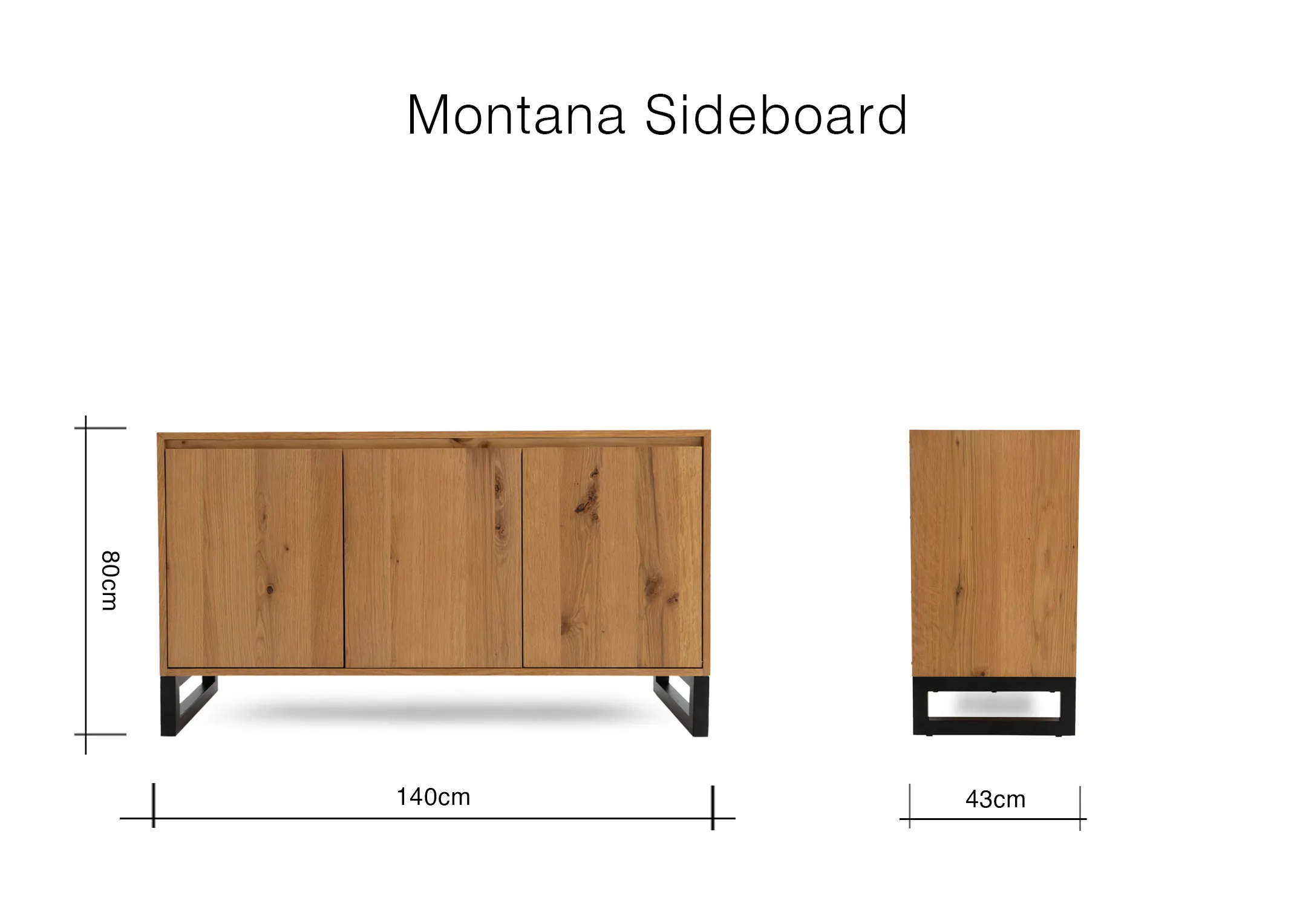 A dimension image of the Montana sideboard with 140cm x 43cm x 80cm