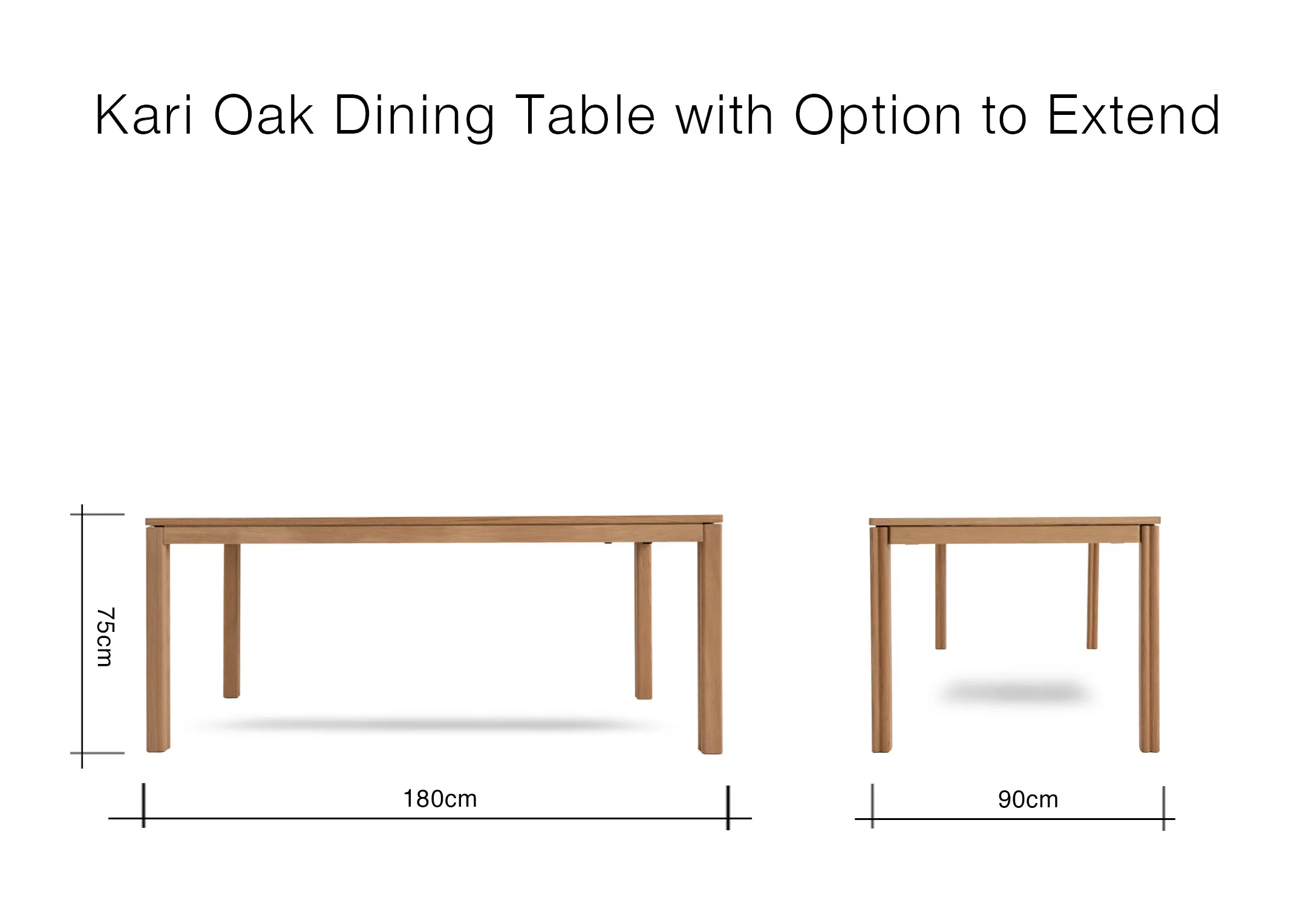 A dimension image of the Kari Oak dining table with 180cm x 90cm x 75cm