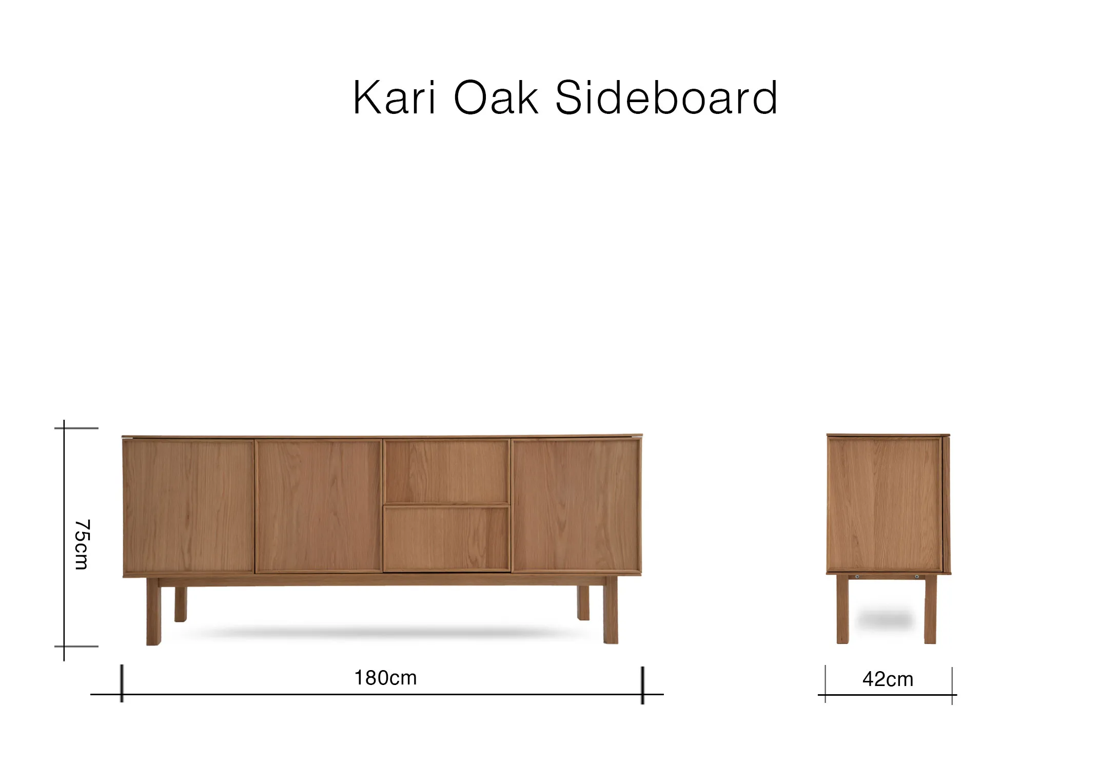 A dimension image of the Kari Oak Sideboard with 180cm x 75cm