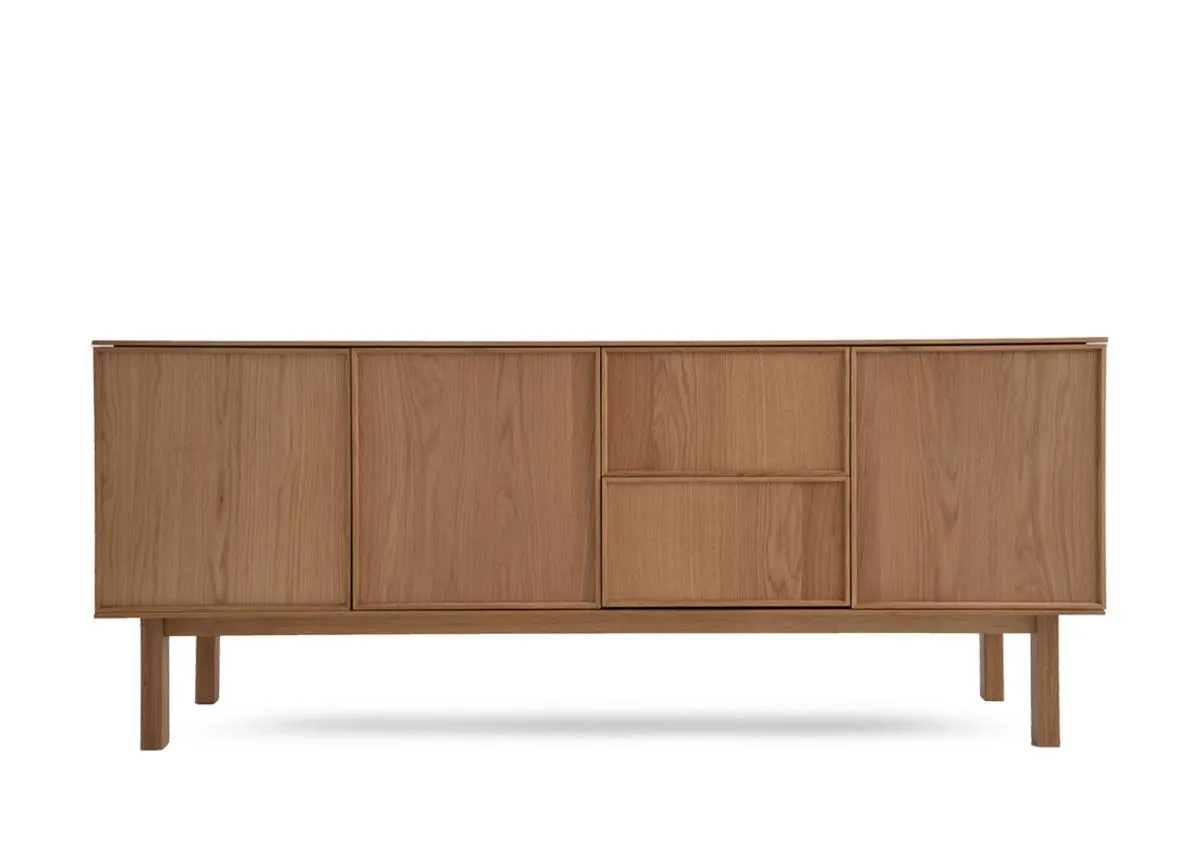 A 3 door 2 drawer oak sideboard from EZ Livings Kari range. Front view with doors closed.