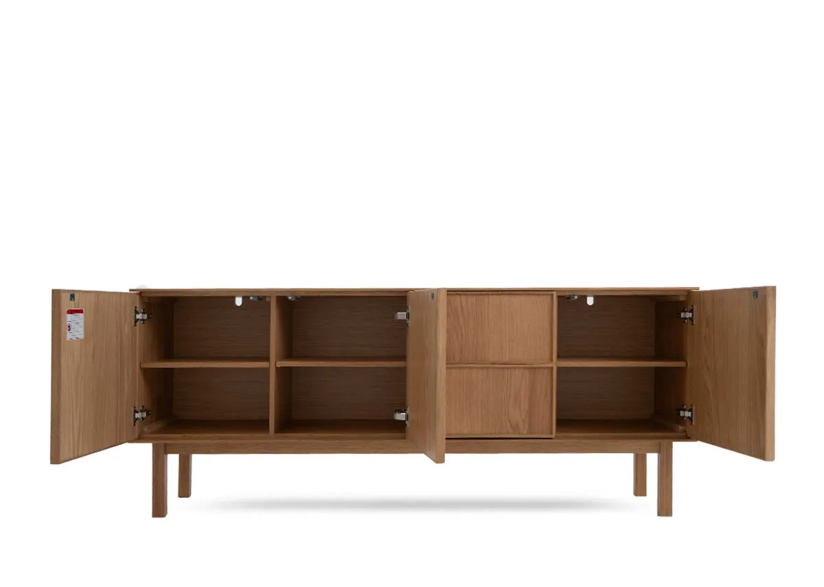 A 3 door 2 drawer oak sideboard from EZ Livings Kari range. Closeup of drawer open