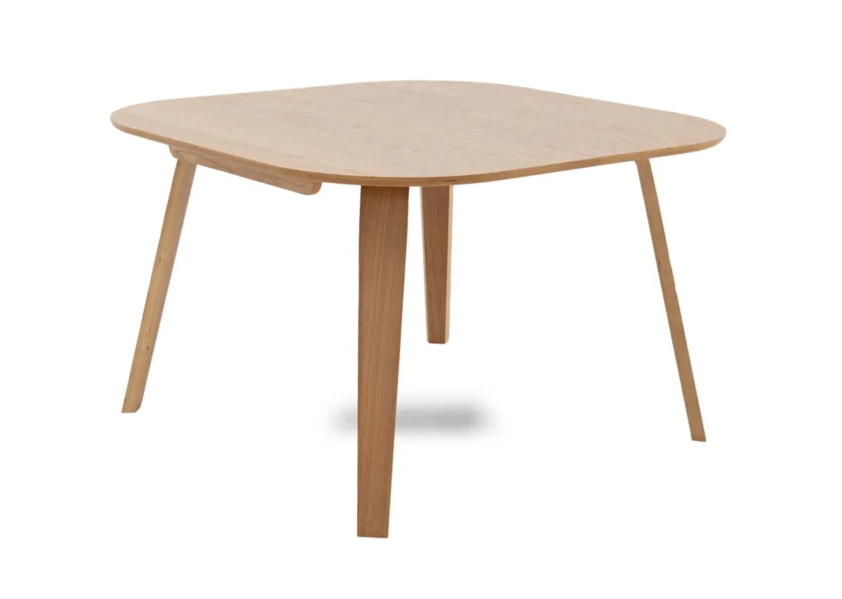 A square oak dining table from EZ Livings Anton range. Angled view
