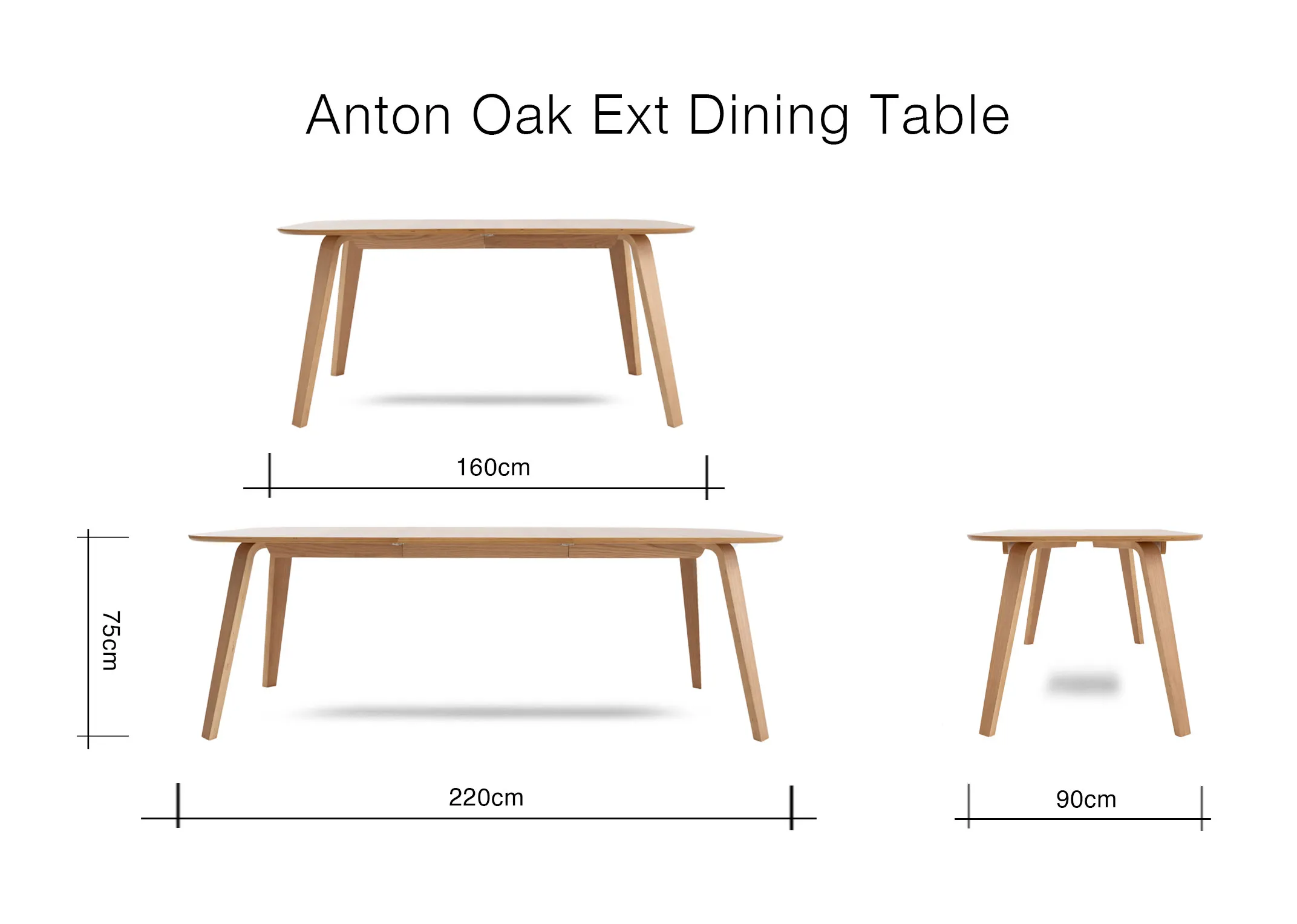 A dimension image of the Anton dining table with 160cm-220cm x 90cm x 76cm