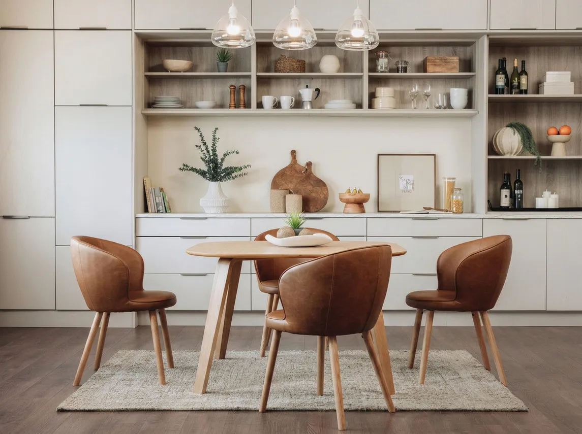 A lifestyle image of the Anton dining table with Gain dining chairs and Moray rug