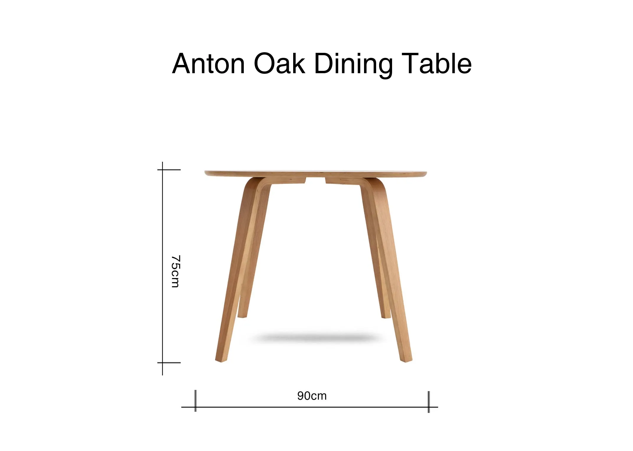 A dimension image of the Anton dining table with 90cm x 76cm