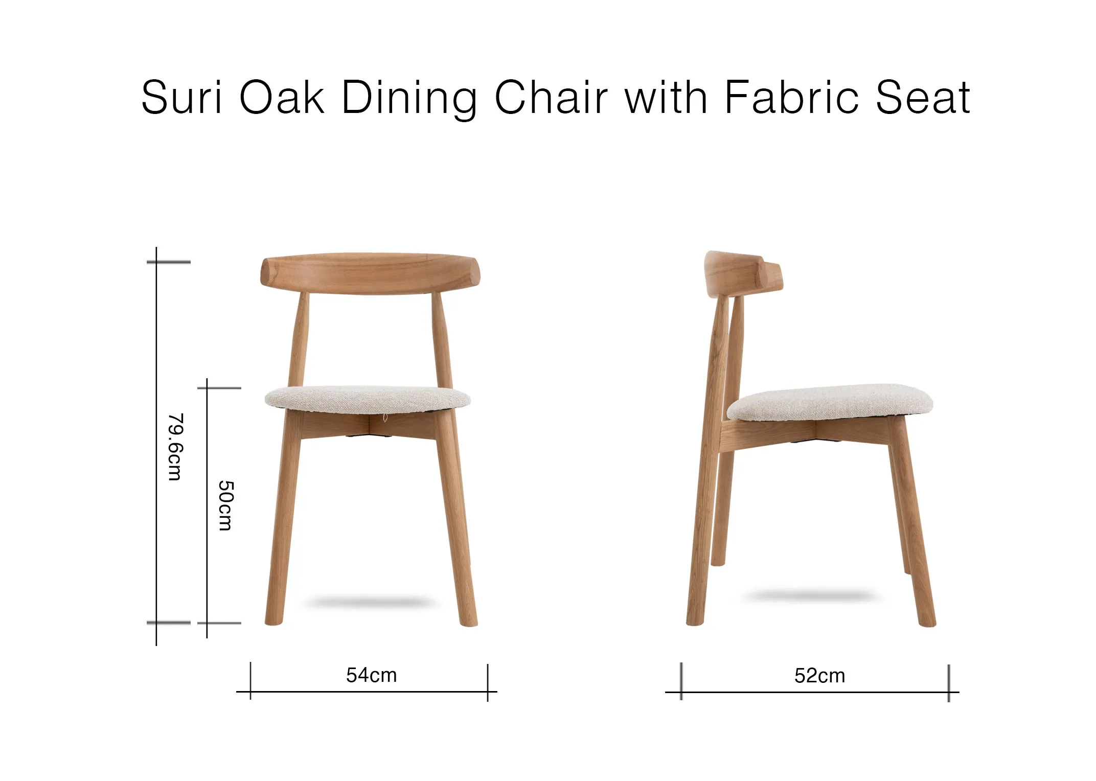 A dimension image of the Suri Oak Dining Chair with 54cm x 79.6cm
