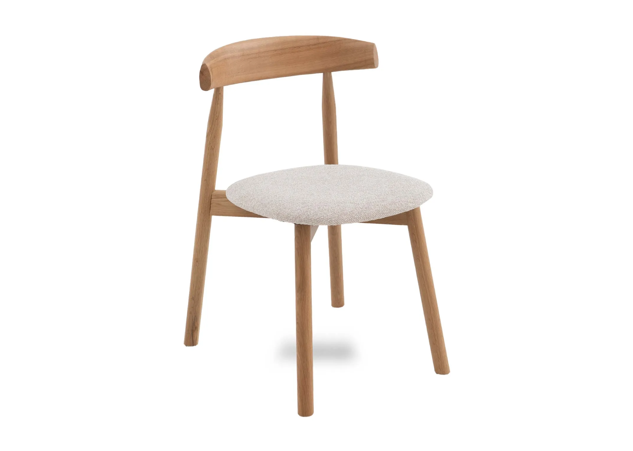An oak dining chair with fabric seat from EZ Livings Suri range. Angled view.