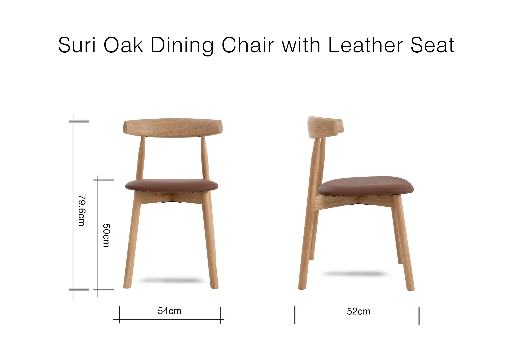 A dimension image of the Suri Tan leather dining chair with 54cm x 52cm x 79.6cm
