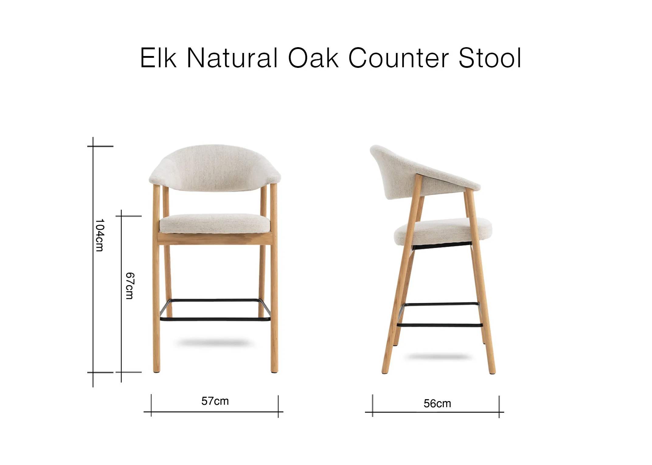 A dimension image of the Elk Natural Stool with 57cm x 56cm x 104cm