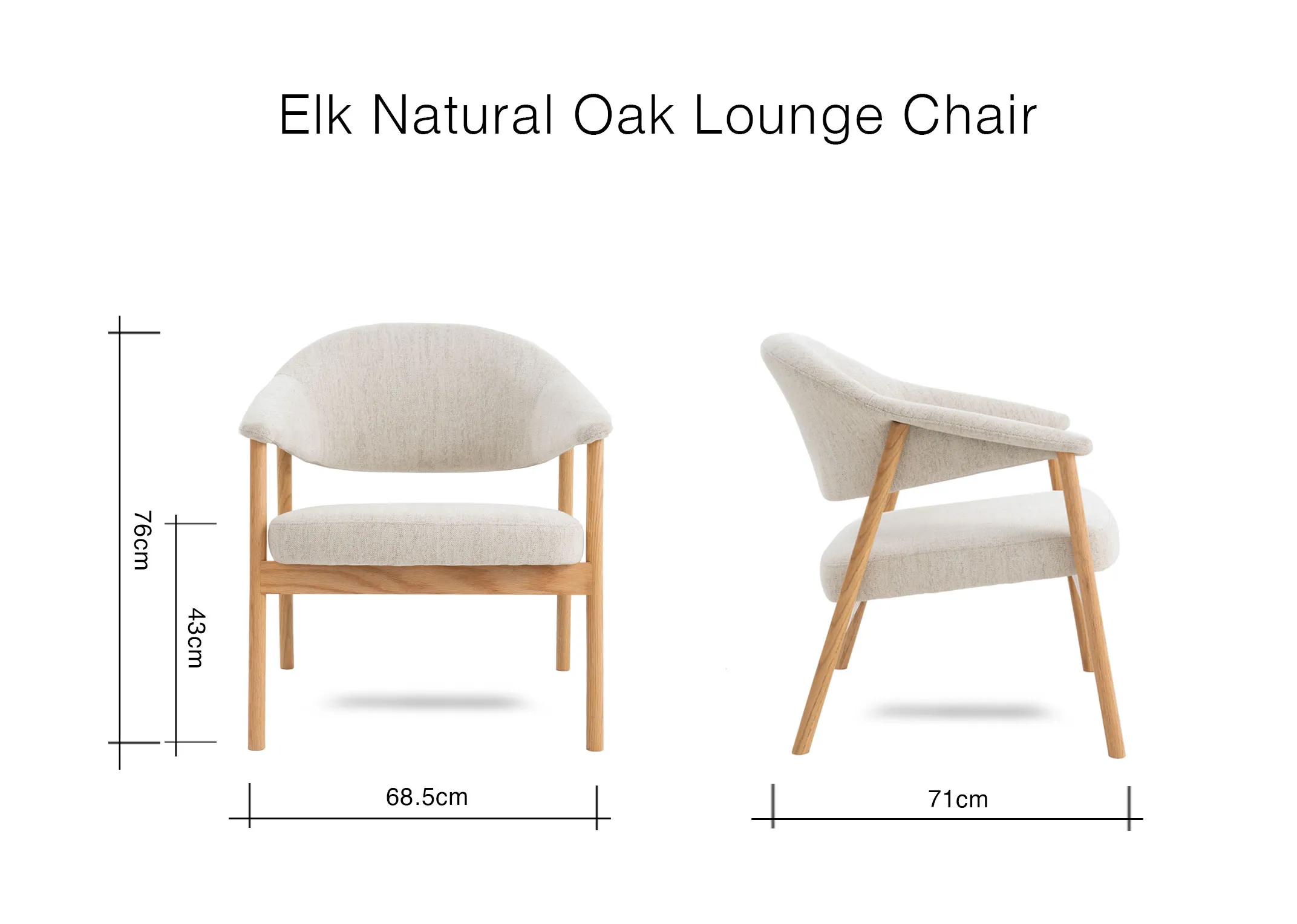 A dimension image of the Elk Lounge Chair with 68.5cm x 71cm x 76cm