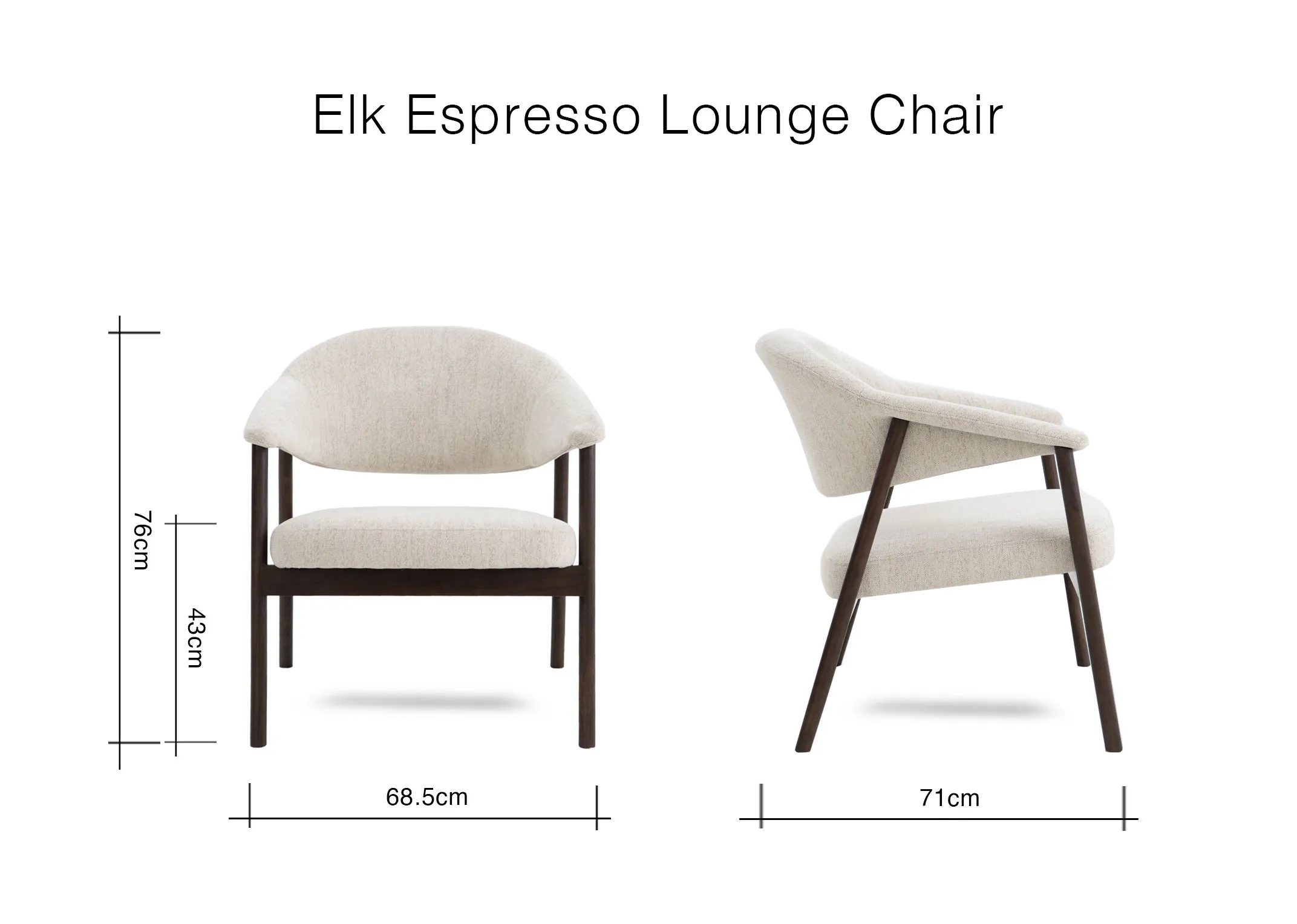 A dimension image of the Elk Lounge Chair with 68.5cm x 71cm x 76cm