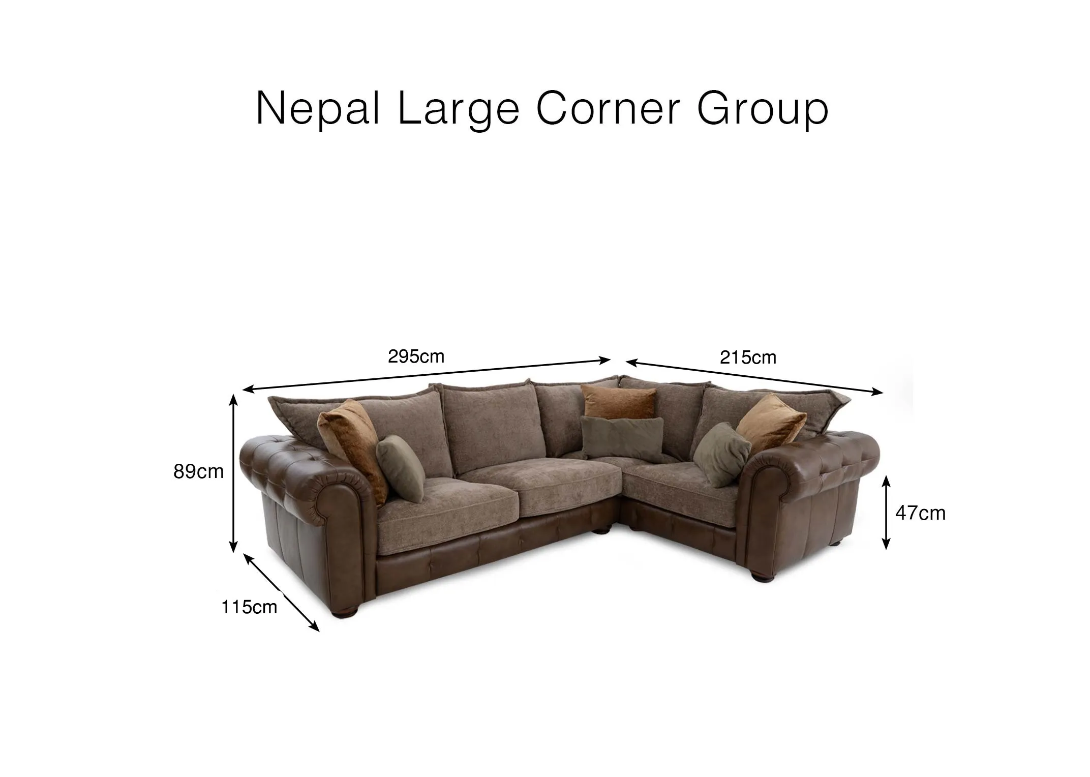 A dimension image of the Nepal Large Corner sofa with 115cm x 295cm x 215cm x 89cm