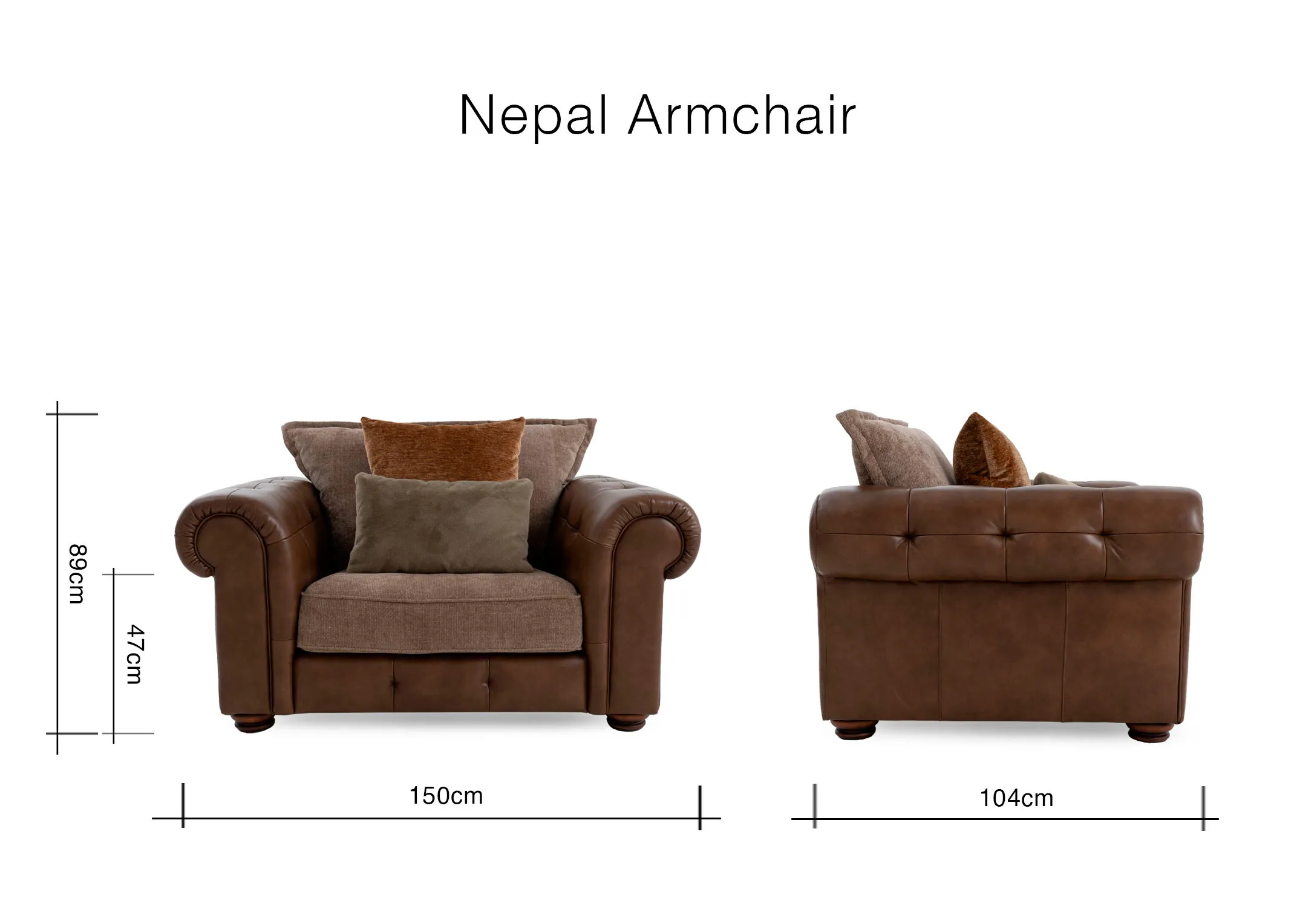 A dimension image of the Nepal armchair with 150cm x 104cm x 93cm