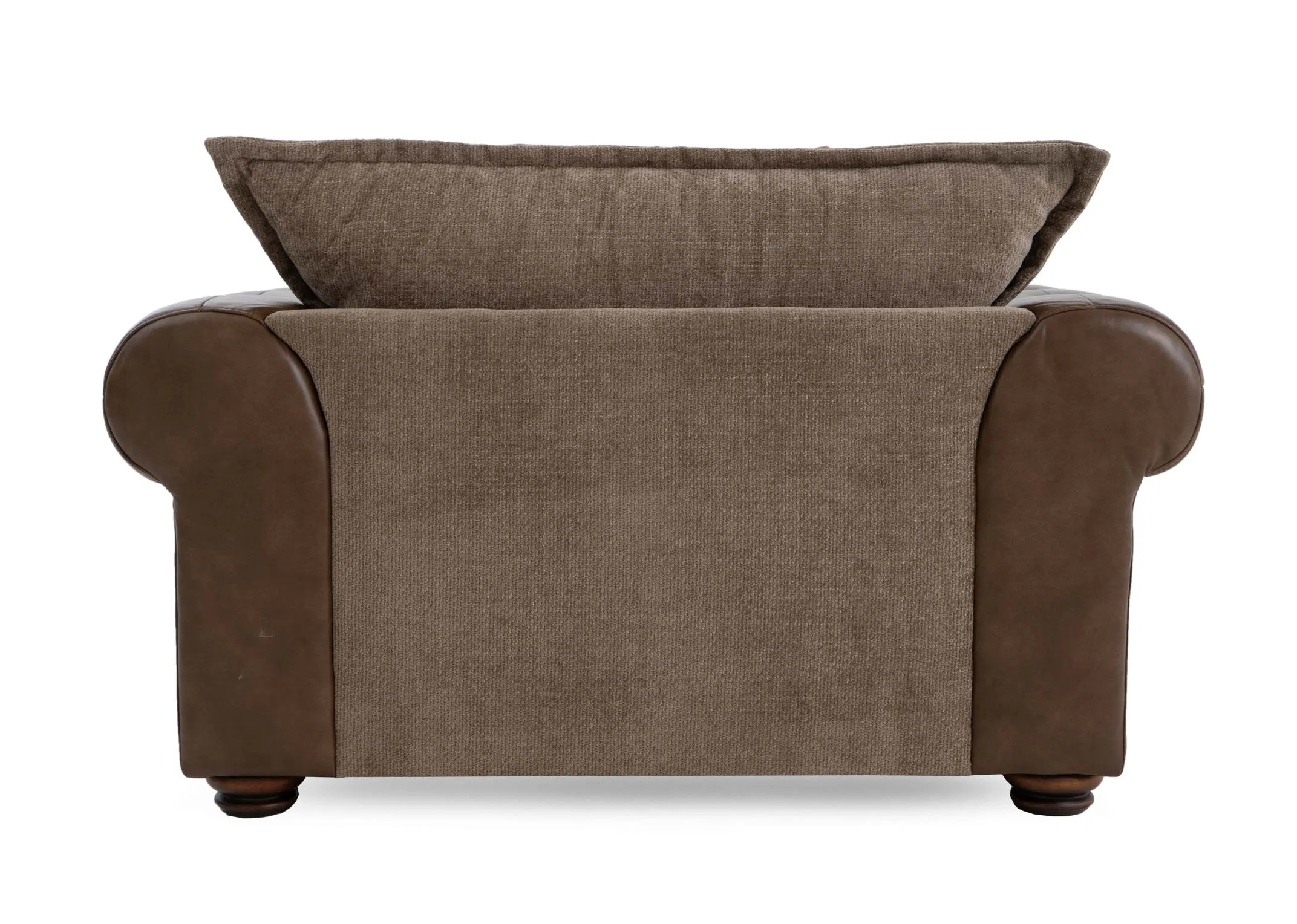 A brown cuddler with leather chesterfield frame and beige fabric seat and back cushion from EZ Livings Nepal range. Back view shows fabric in frame back.