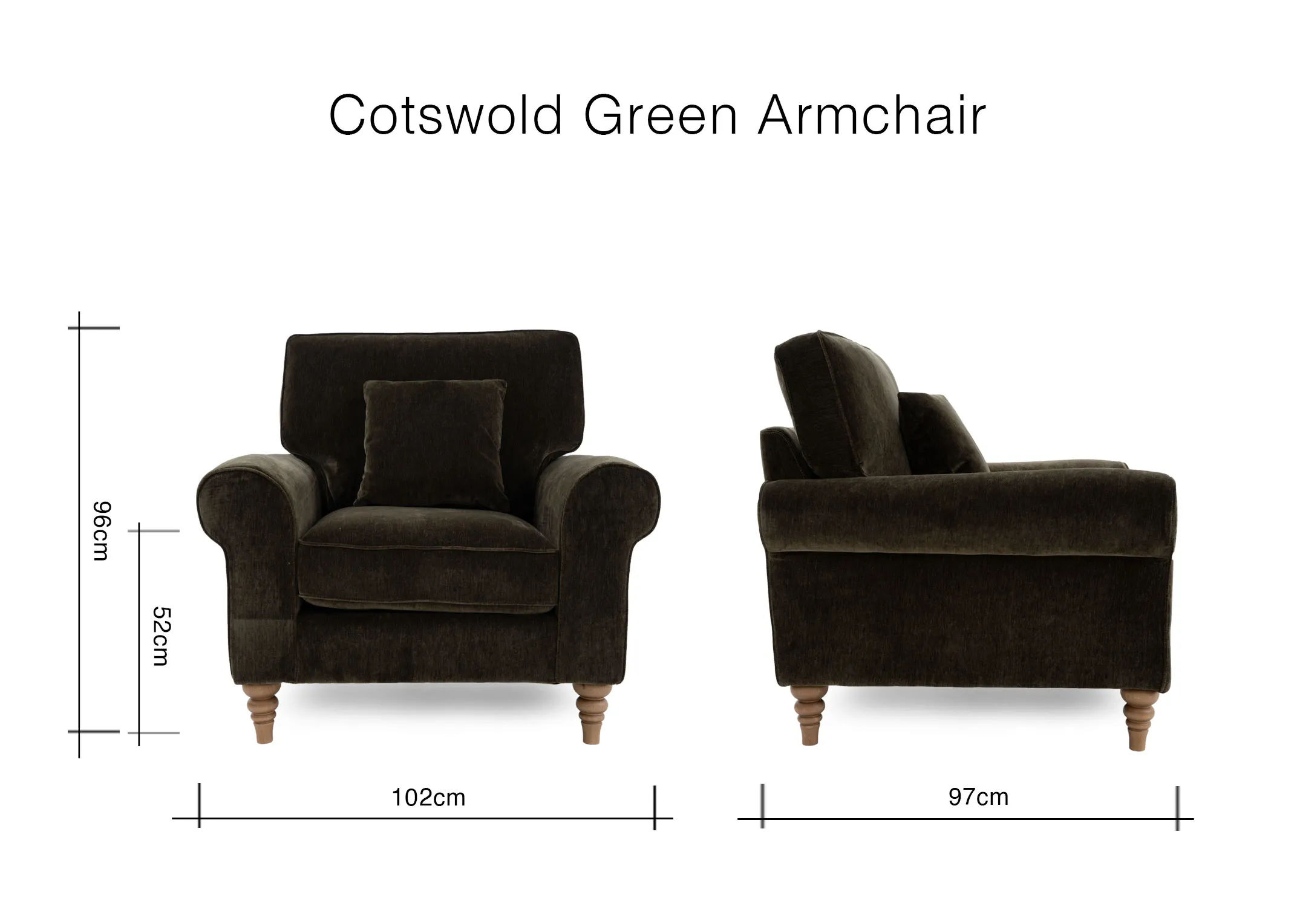 A dimension image of the Cotswold Armchair with 102cm x 97cm x 96cm x 52cm