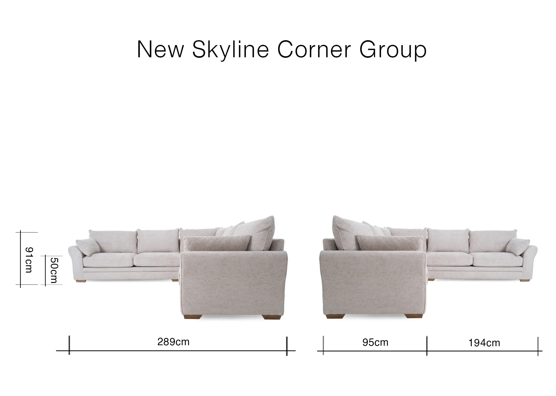 A dimension image of the New Skyline Corner sofa with 289cm x 95cm-194cm