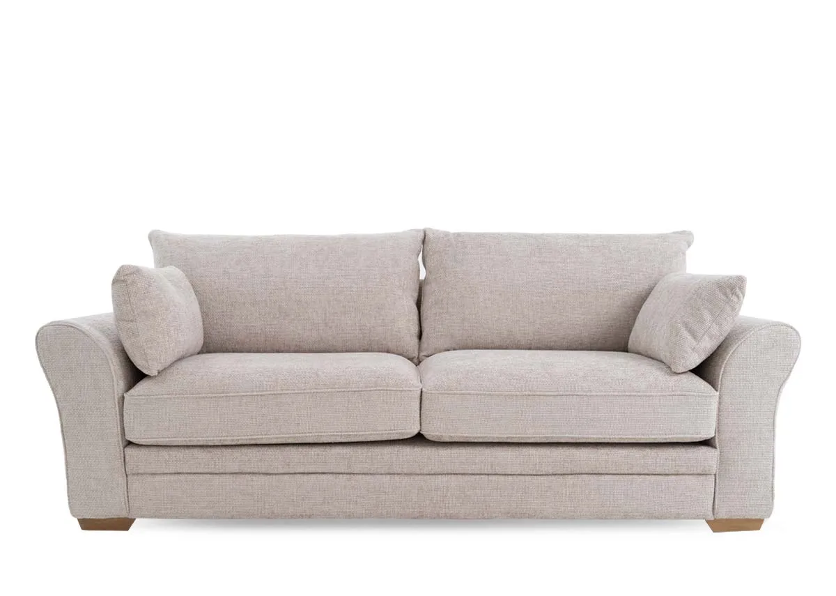 A beige fabric 3 seater sofa from EZ Livings Skyline range.Front view of padded seat and back cushions.