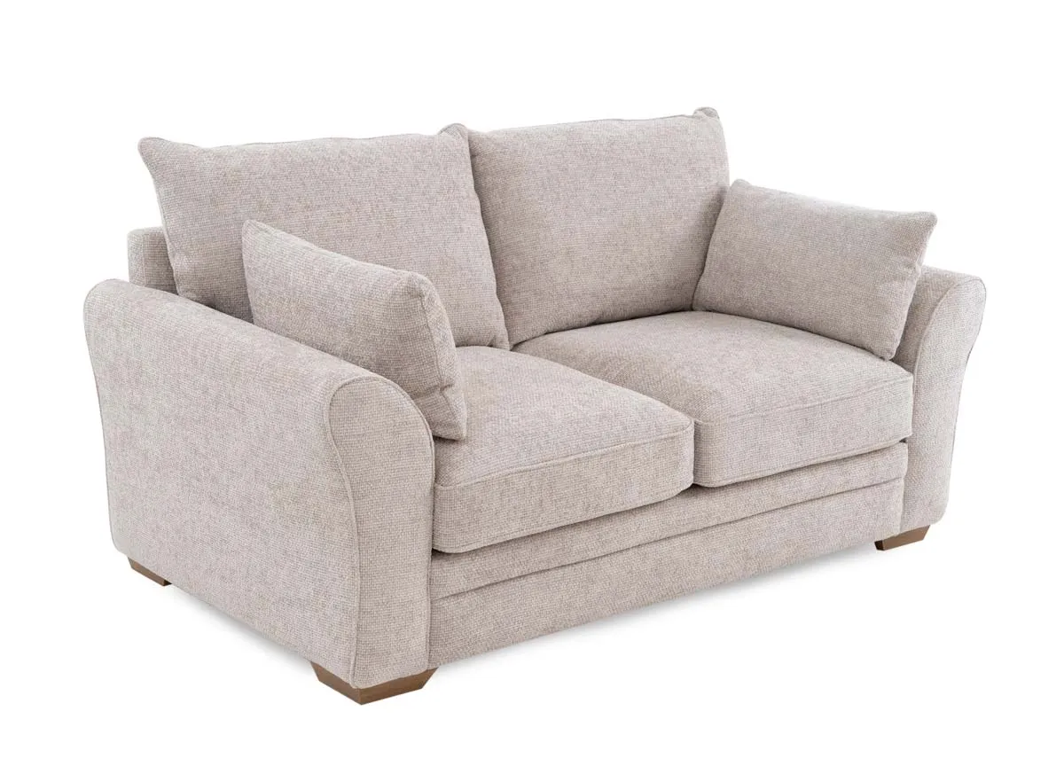 A beige fabric 2 seater sofa from EZ Livings Skyline range. Angled view of 2 side arm pillows.