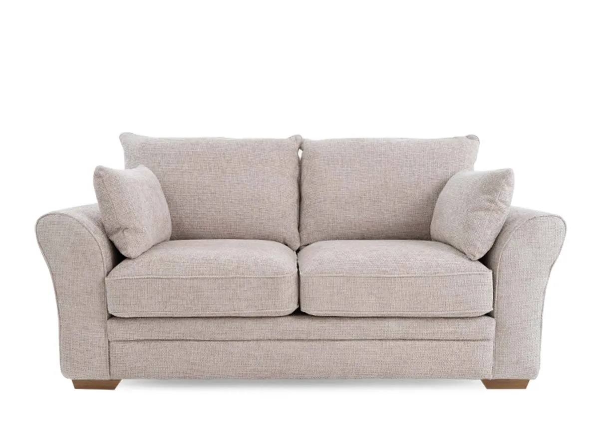 A beige fabric 2 seater sofa from EZ Livings Skyline range.Front view.