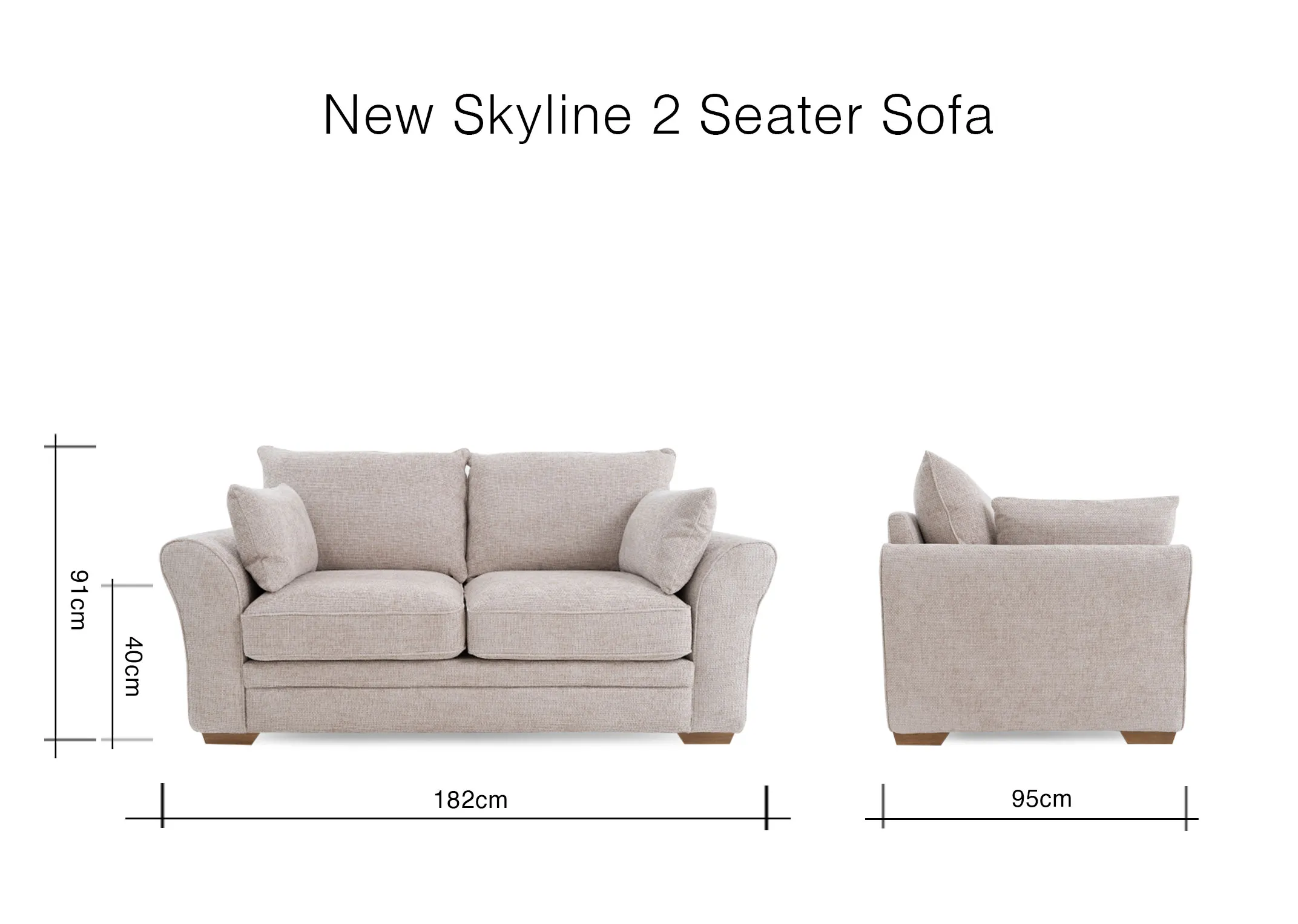 A dimension image of the New Skyline sofa with 182cm x 95cm x 91cm