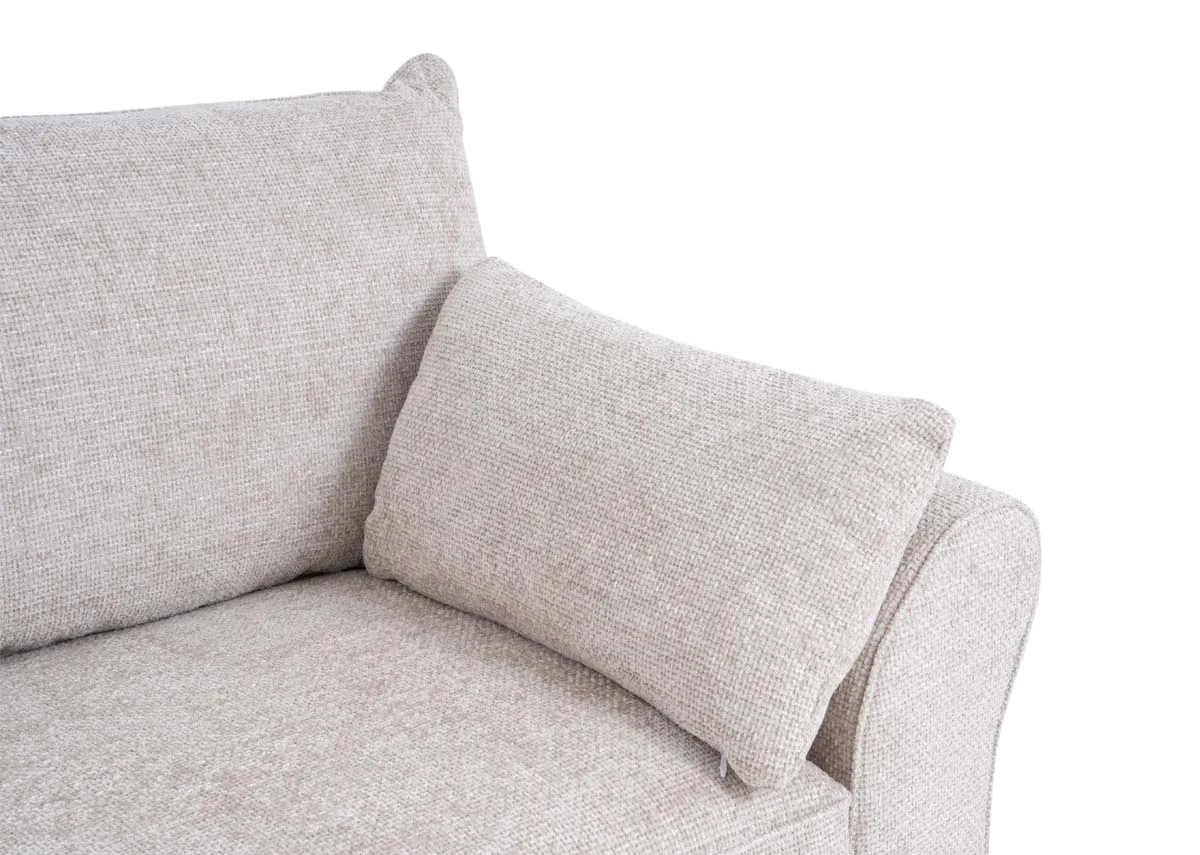A beige fabric 2 seater sofa from EZ Livings Skyline range.Closeup of padded seat