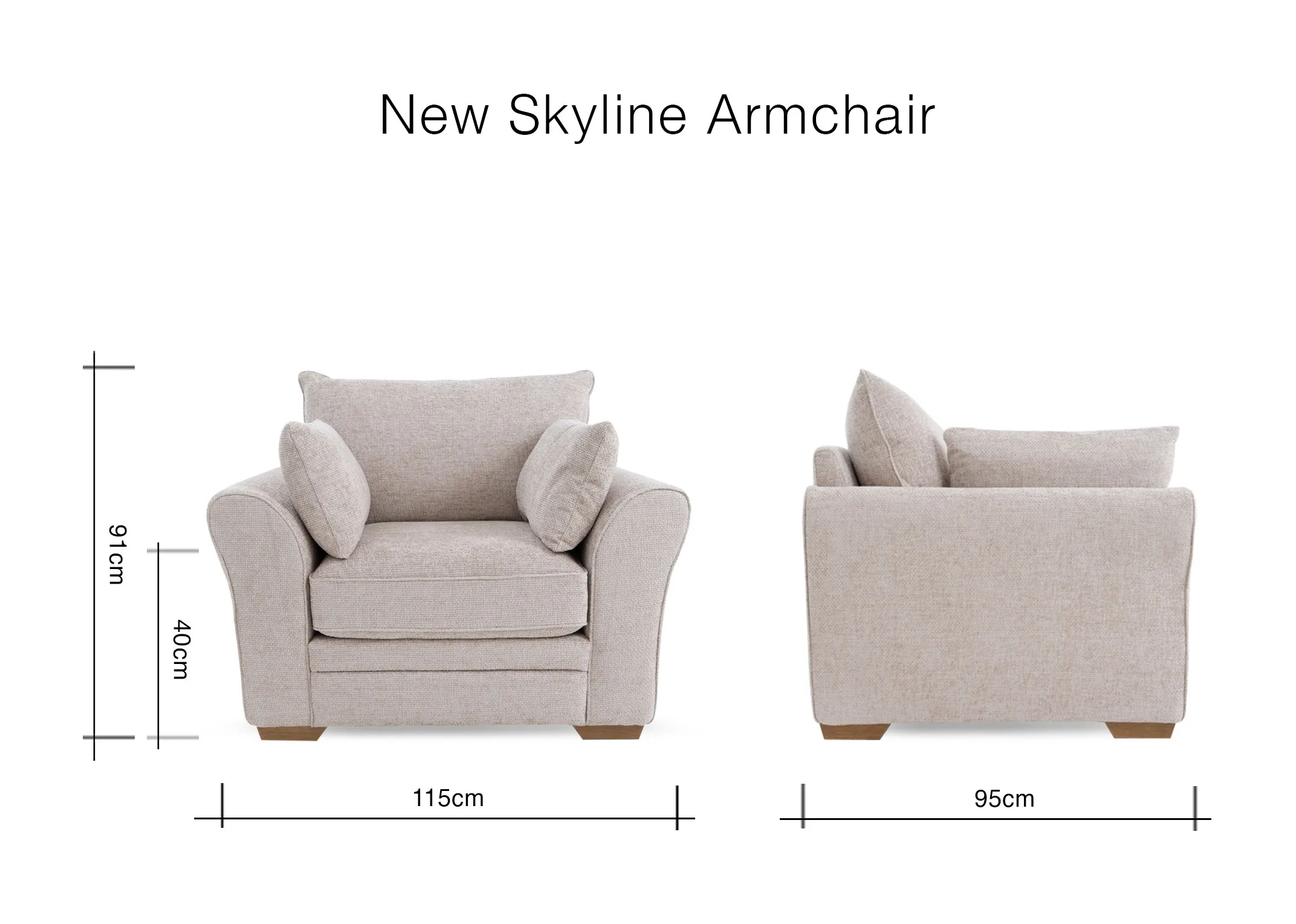 A dimension image of the Skyline armchair with 115cm x 91cm x 95cm
