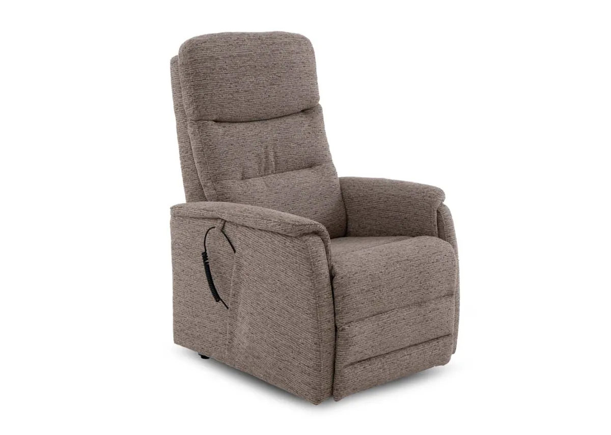 A beige fabric power recliner from EZ Livings Clyde range. Angled view