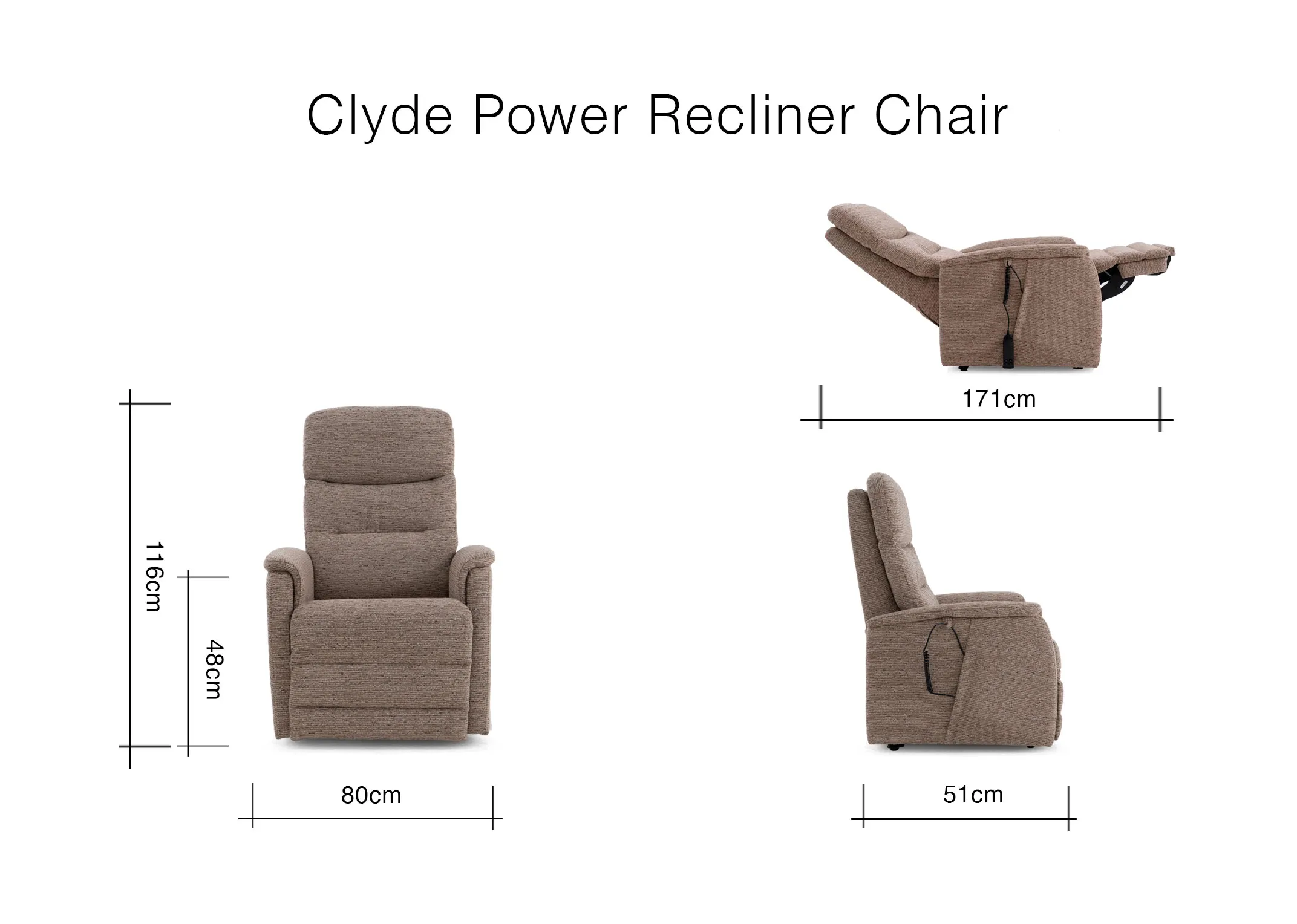 A dimension image of the Clyde Recliner with 80cm x 116cm x 51cm-171cm