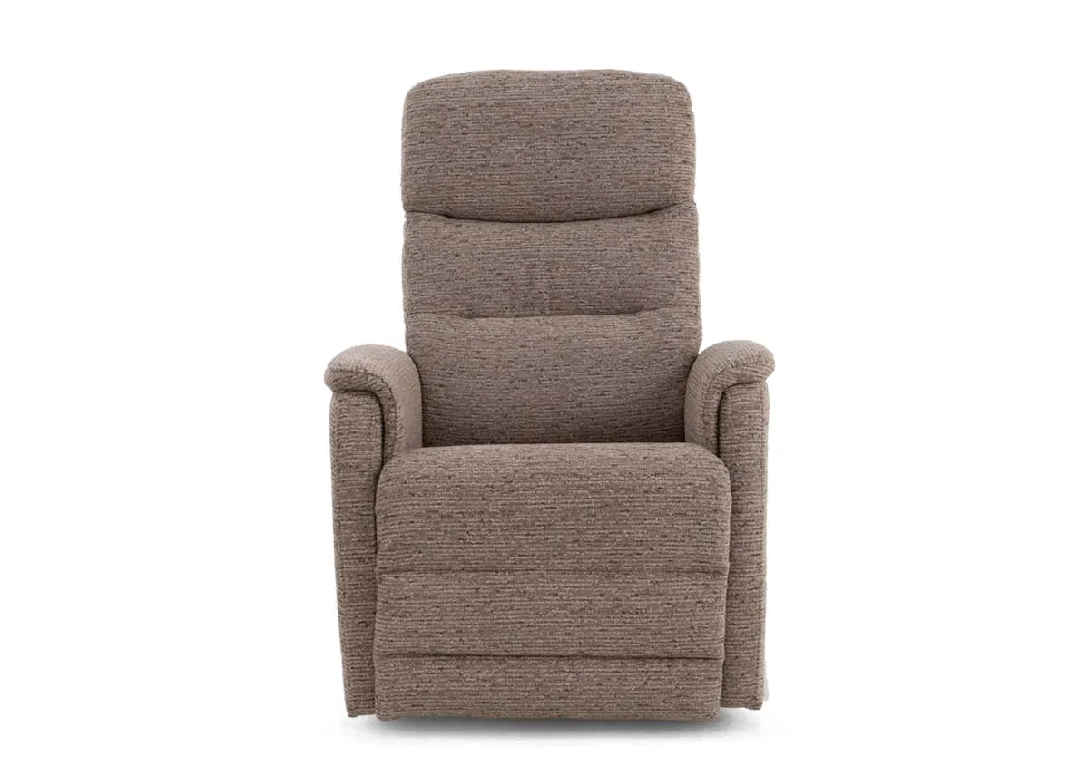 A beige fabric power recliner from EZ Livings Clyde range.Side view of pocket for controls