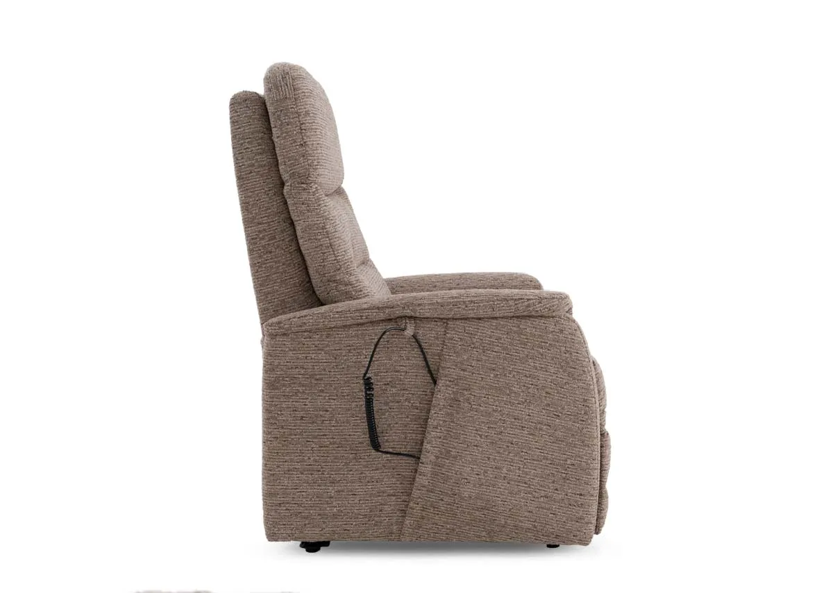 A beige fabric power recliner from EZ Livings Clyde range.Closeup of electric remote control
