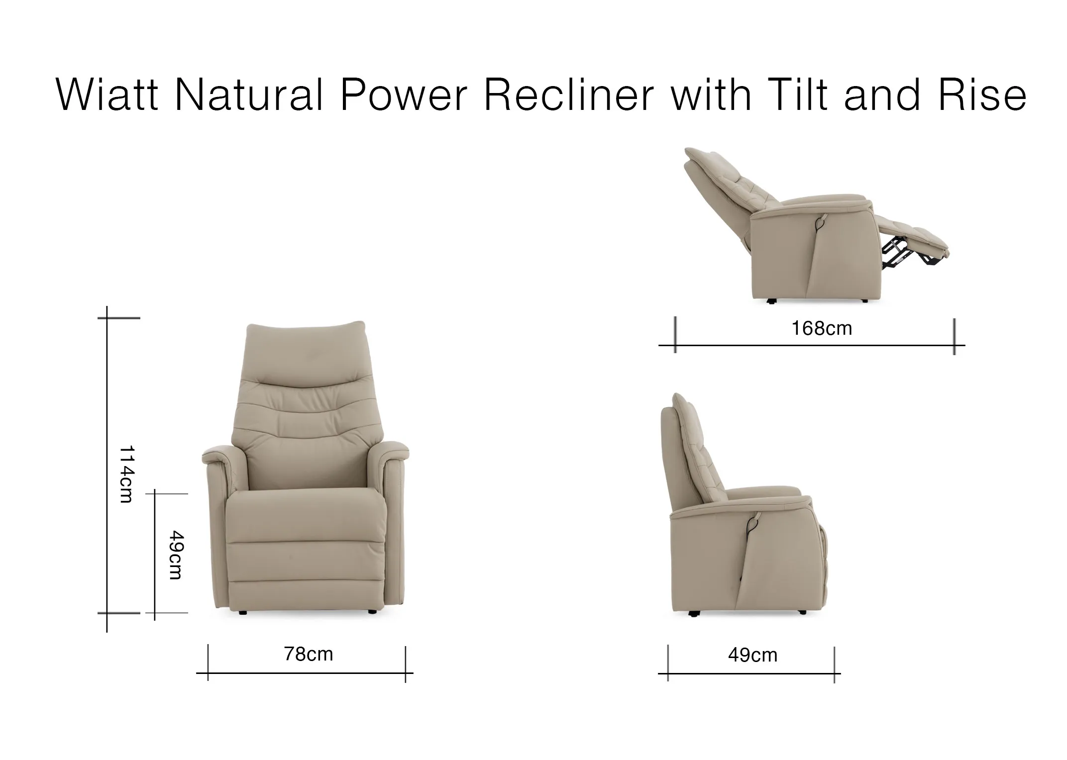 A dimension image of the Wyatt Recliner with 76cm x 50cm x 114cm