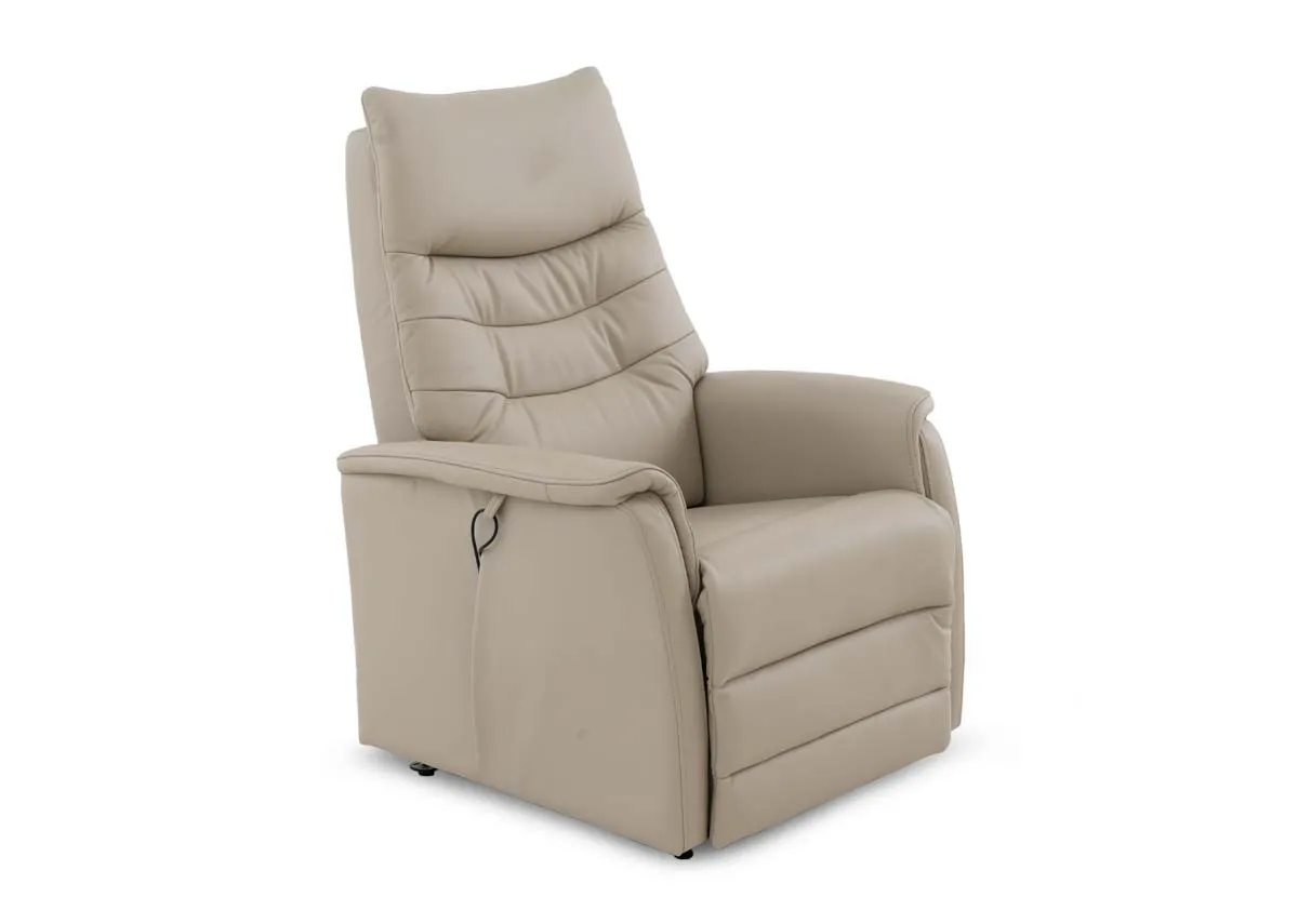 A natural leather power recliner from EZ Livings Wyatt range. Angled view of neat slim shape while chair is fixed.