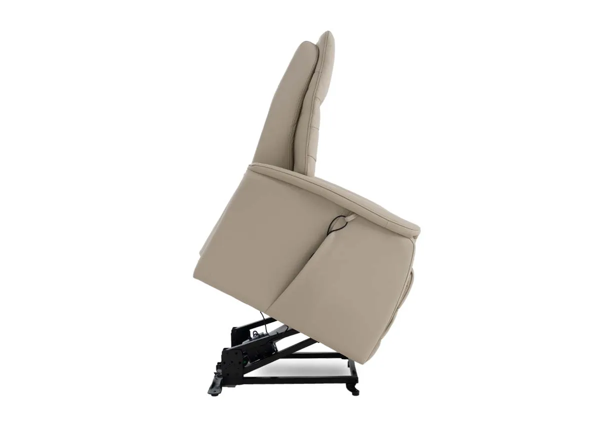 A natural leather power recliner from EZ Livings Wyatt range. Front view of padded seat and detail on backrest