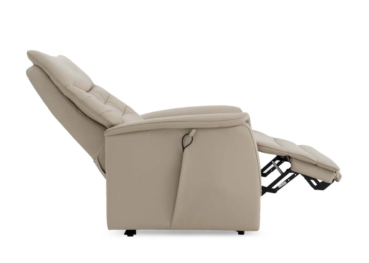 A leather power recliner from EZ Livings Wyatt range. Side view of chair in sleep or rest mode