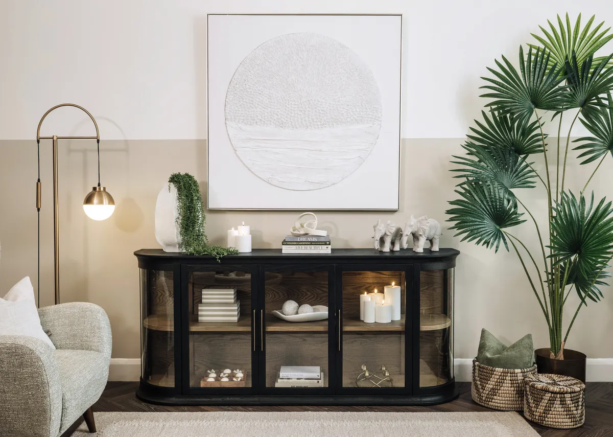 A black oak sideboard with 3 glass doors from EZ Livings Astoria range. Front view with doors open