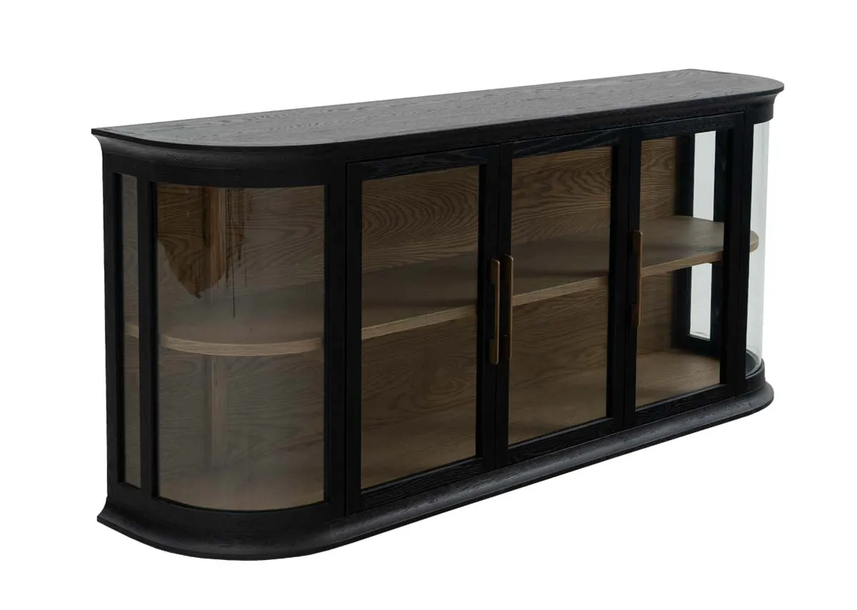 A black oak sideboard with 3 glass doors from EZ Livings Astoria range. Angled view of curved sides.