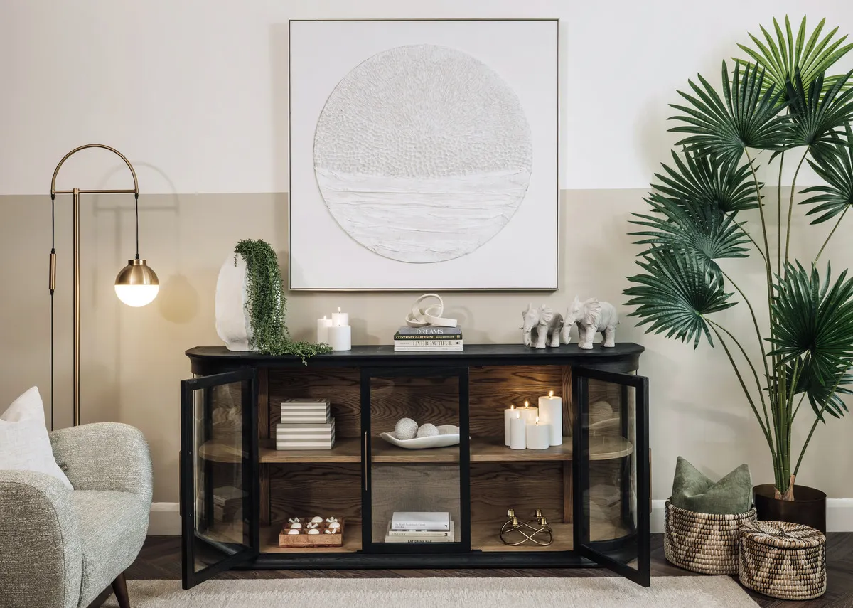A black oak sideboard with 3 glass doors from EZ Livings Astoria range. Door closed view