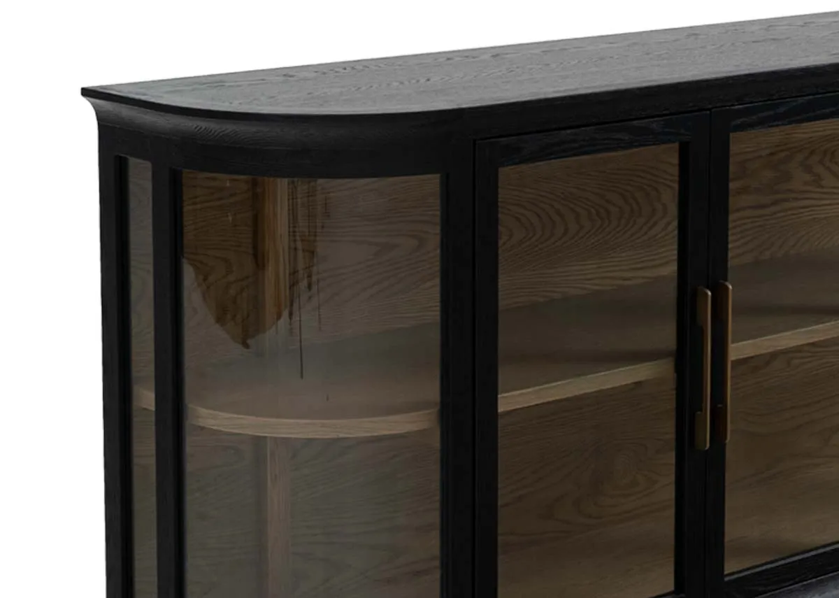 A black oak sideboard with 3 glass doors from EZ Livings Astoria range. Closeup of black frame