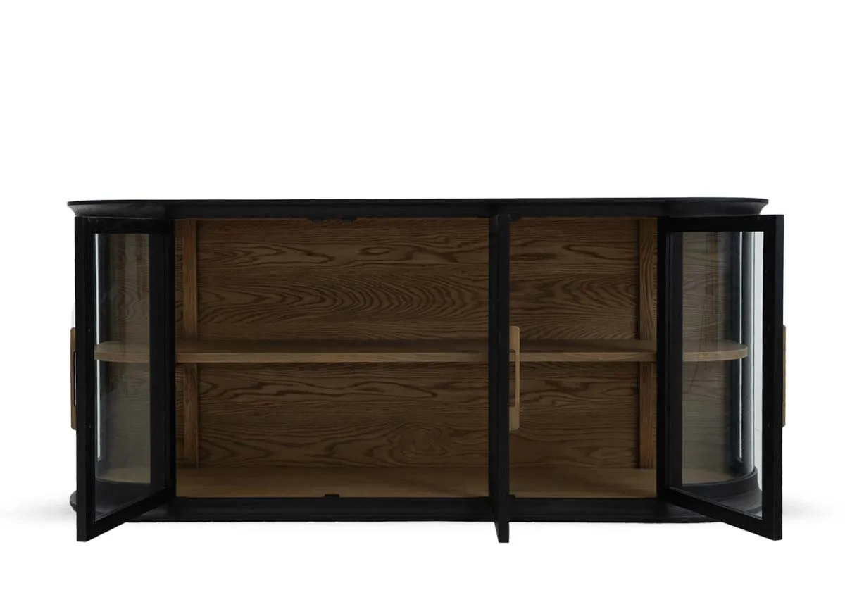 A black oak sideboard with 3 glass doors from EZ Livings Astoria range. Front view with doors open