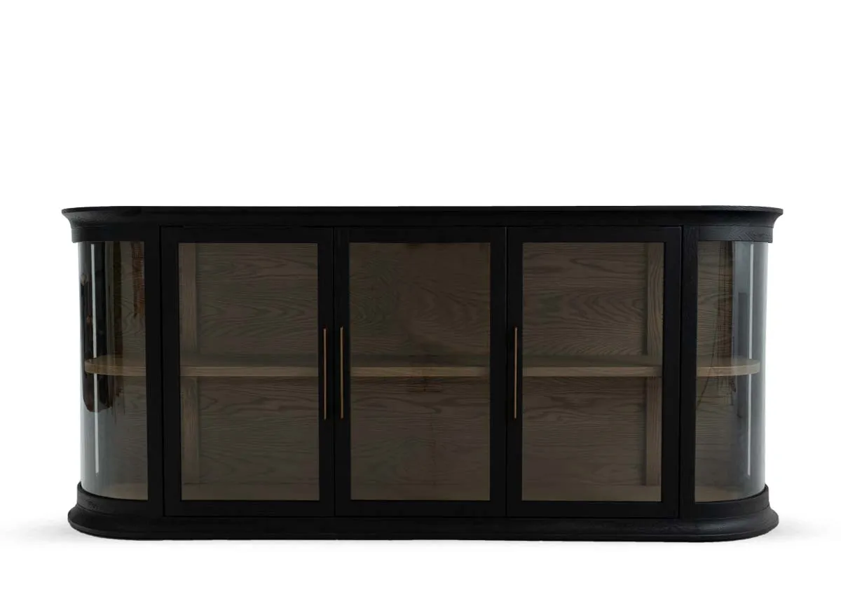 A black oak sideboard with 3 glass doors from EZ Livings Astoria range. Door closed view